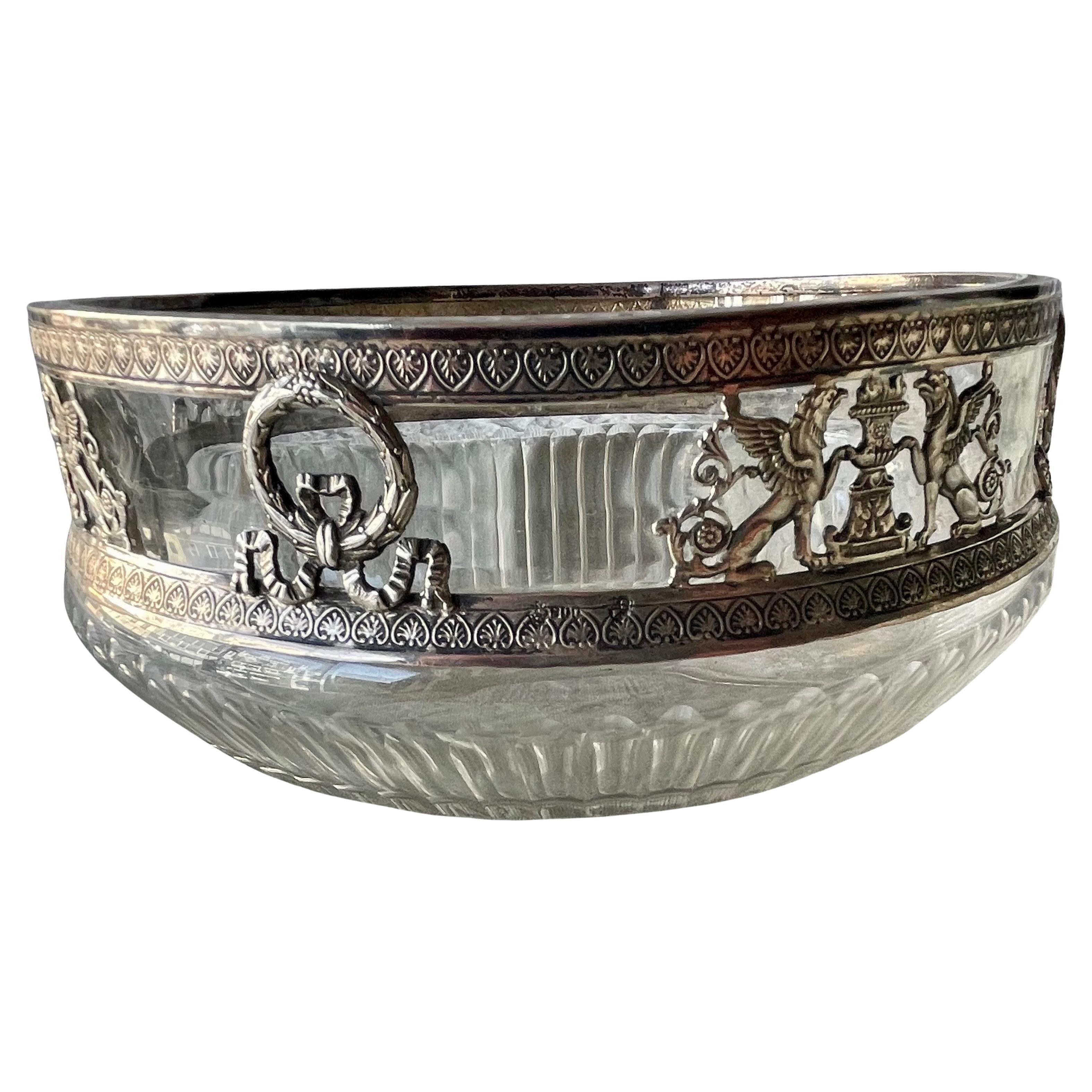 Neoclassical Laurel Wreath Griffins Urn 800 Silver Decorated Rimmed Glass Bowl For Sale