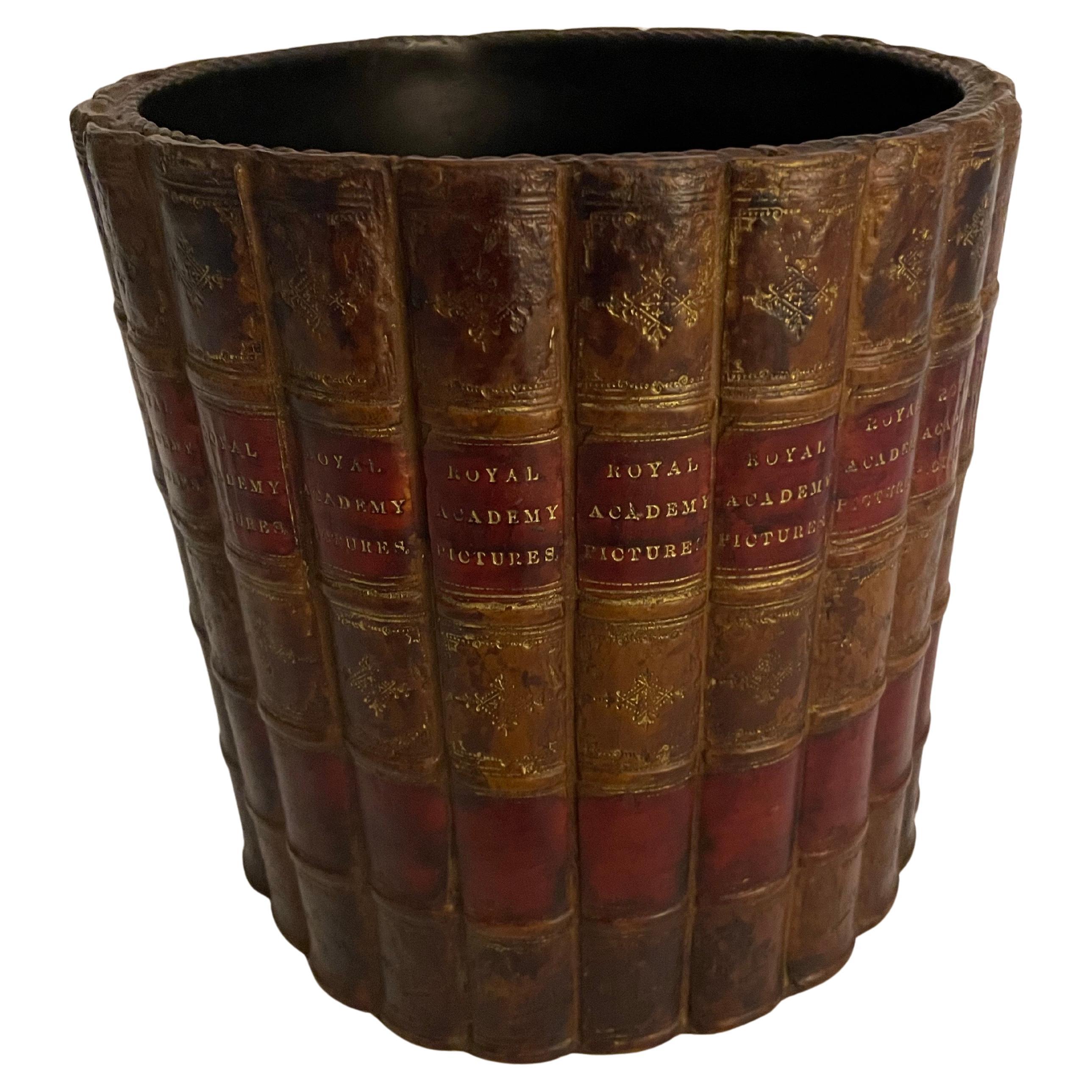Neoclassical Leather Wrapped Book Waste Pail Container