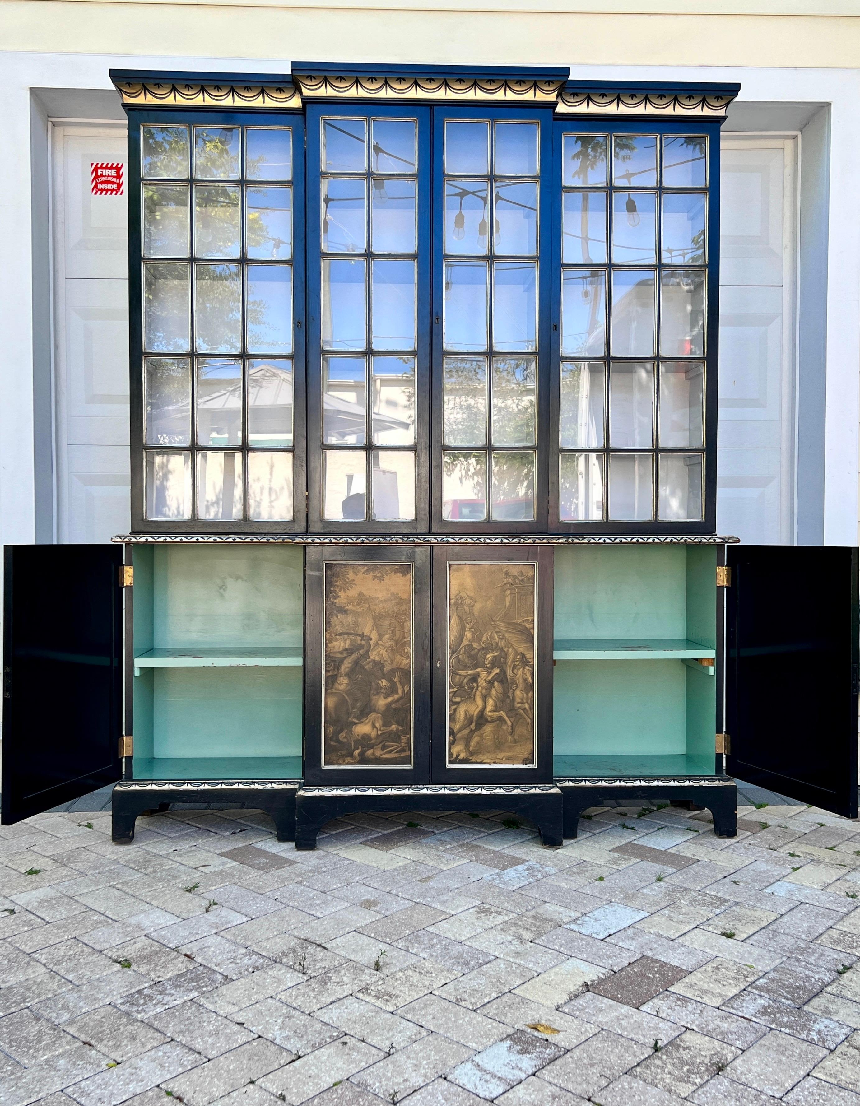 Hand-Crafted Neoclassical Hand-Painted Library Bookcase and Display Cabinet, English 20th C.  For Sale