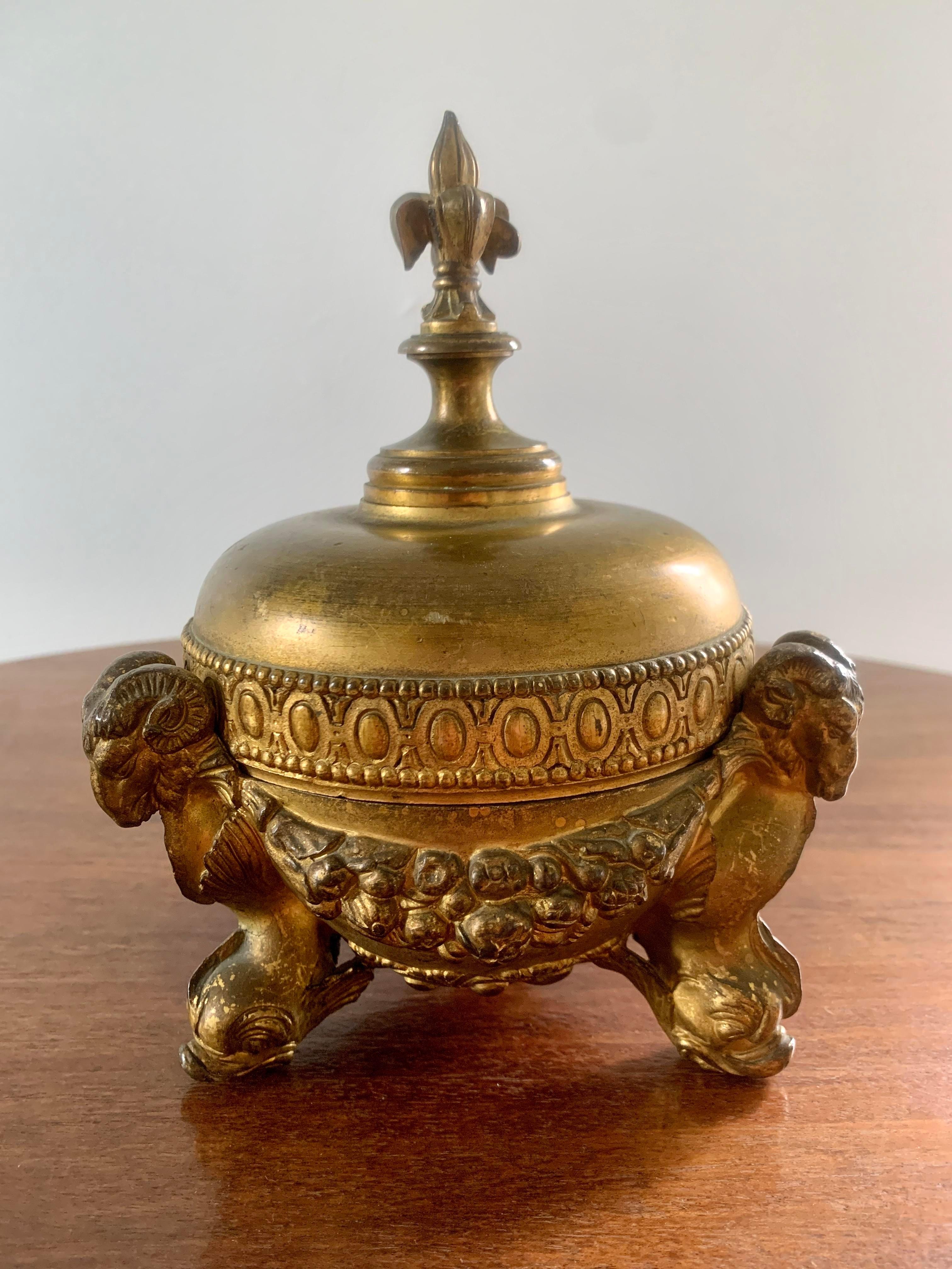 Metal Neoclassical Lidded Bowl with Ram's Heads For Sale