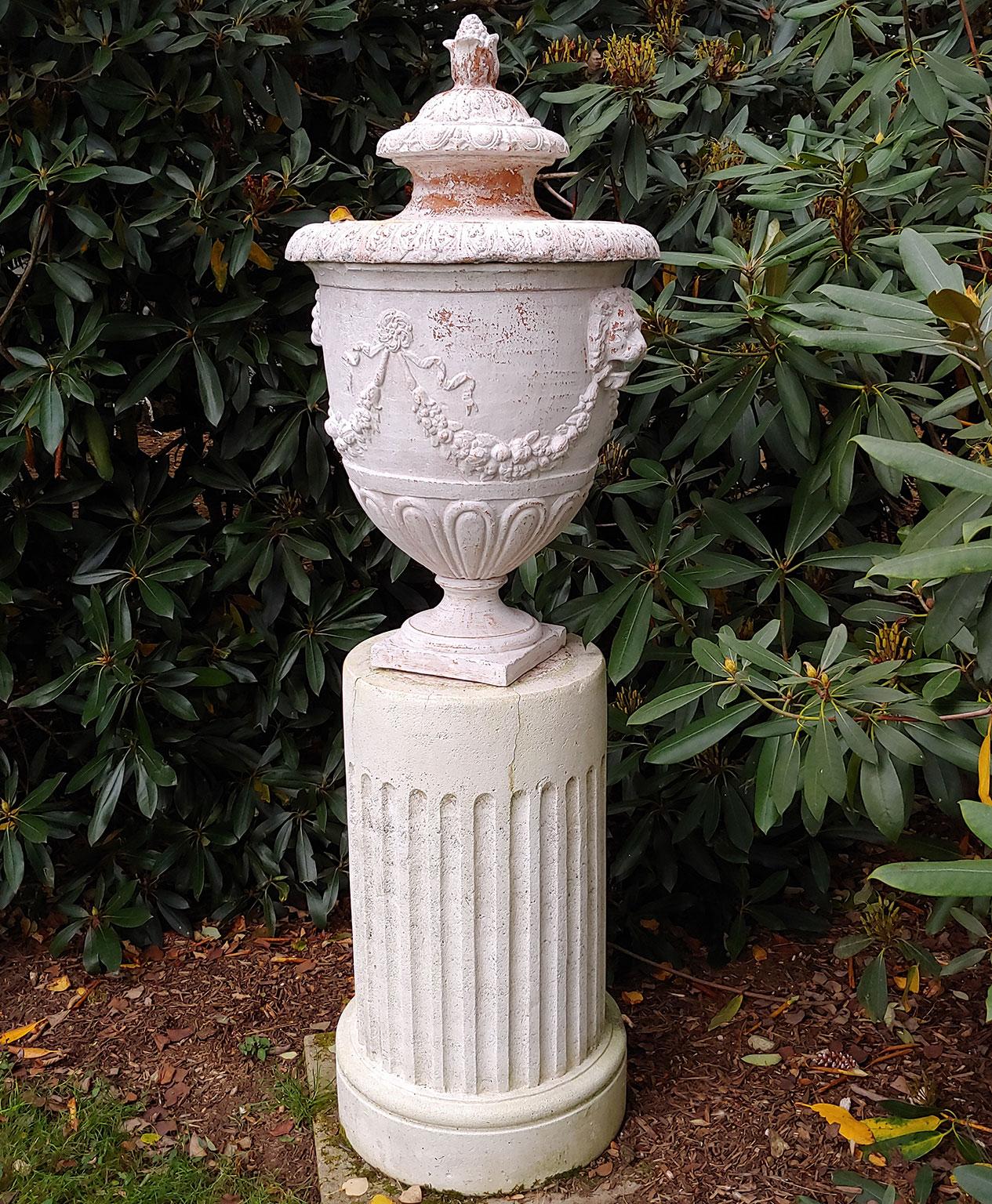 Neoclassical Revival White Painted Terra-cotta Urn with Lid on White Stone Pedestal