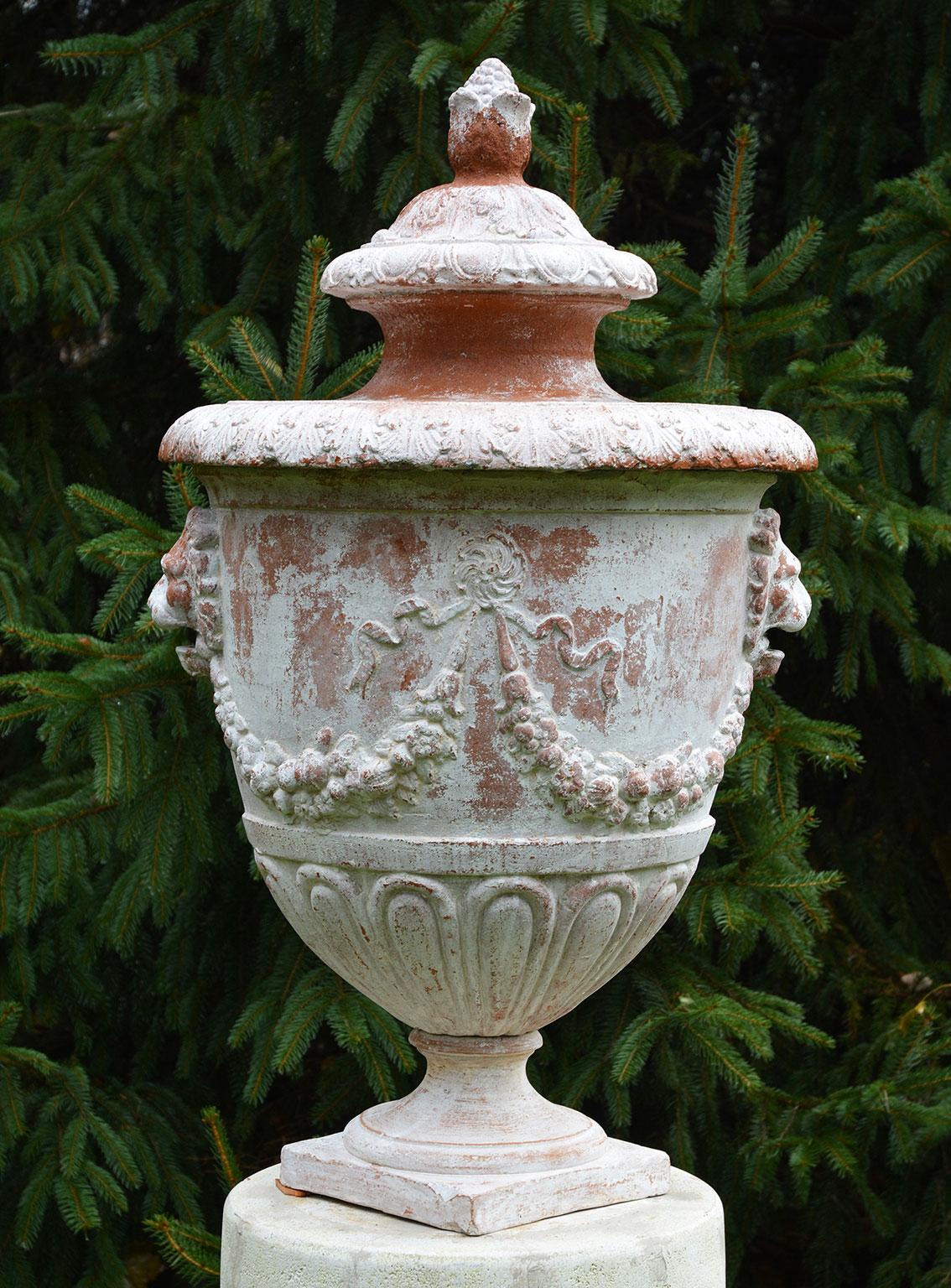 French White Painted Terra-cotta Urn with Lid on White Stone Pedestal