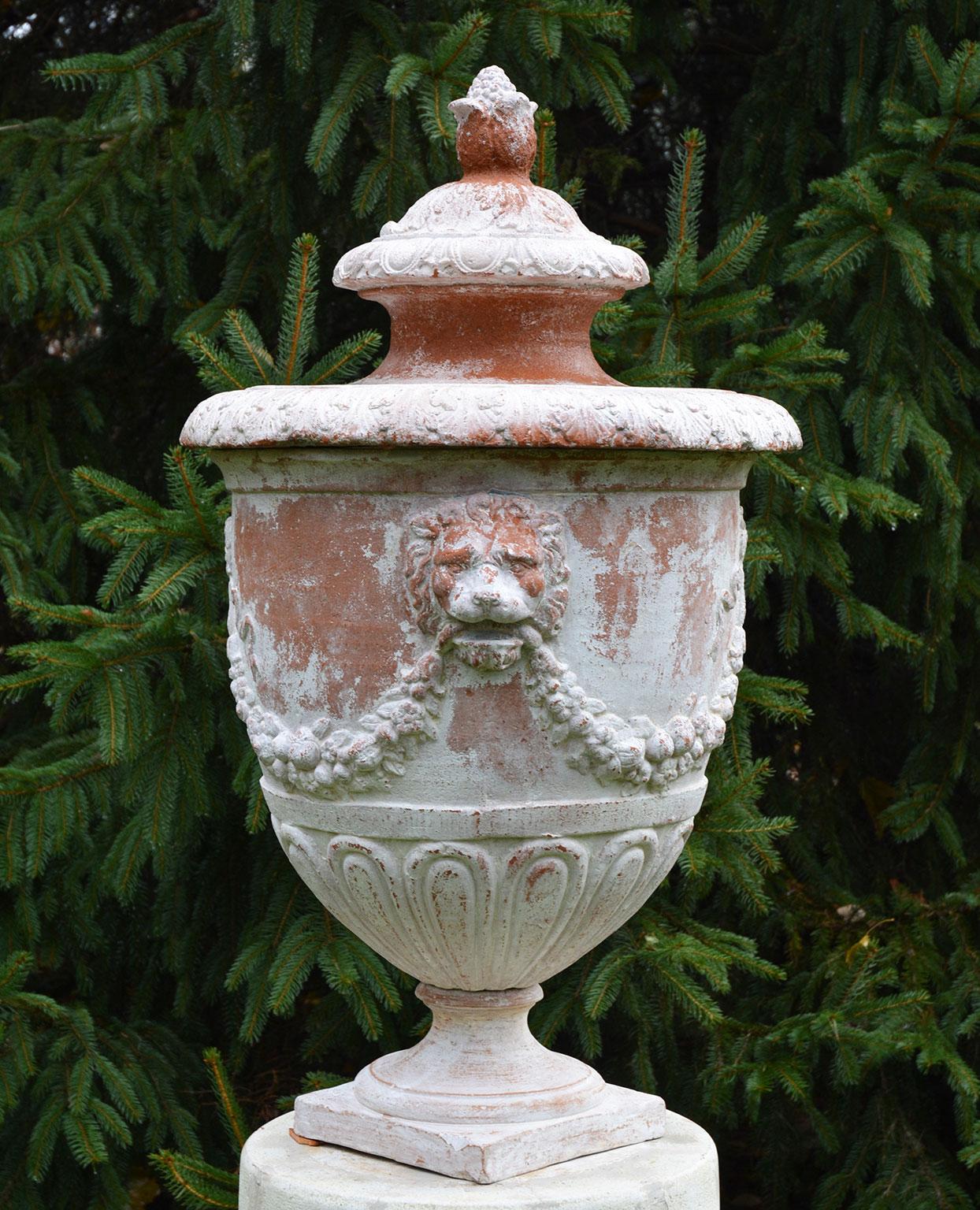 Cast White Painted Terra-cotta Urn with Lid on White Stone Pedestal