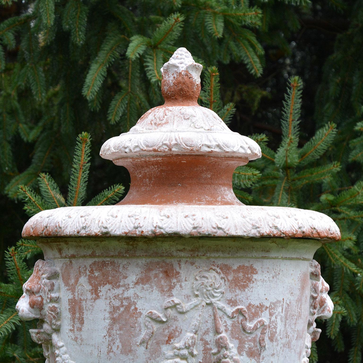 White Painted Terra-cotta Urn with Lid on White Stone Pedestal In Good Condition In Katonah, NY