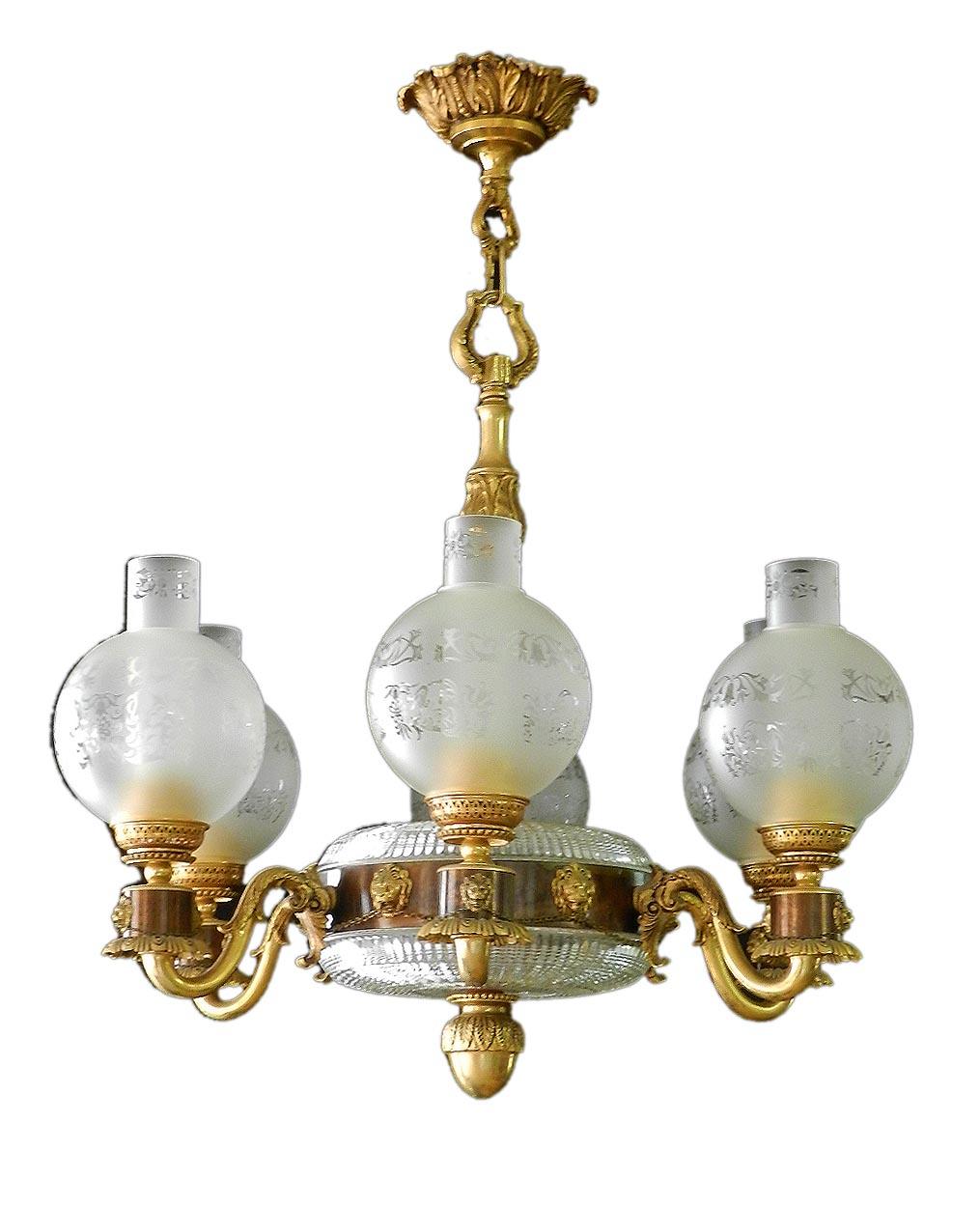 German Neoclassical Lions Head Chandelier French Gilt Bronze Crystal Midcentury