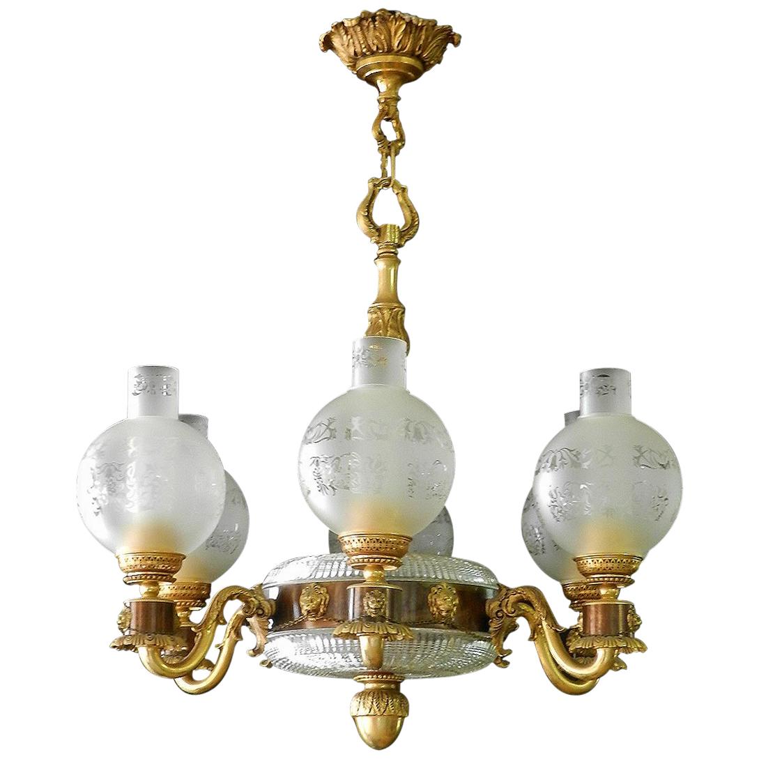 Neoclassical Lions Head Chandelier French Gilt Bronze Crystal Midcentury