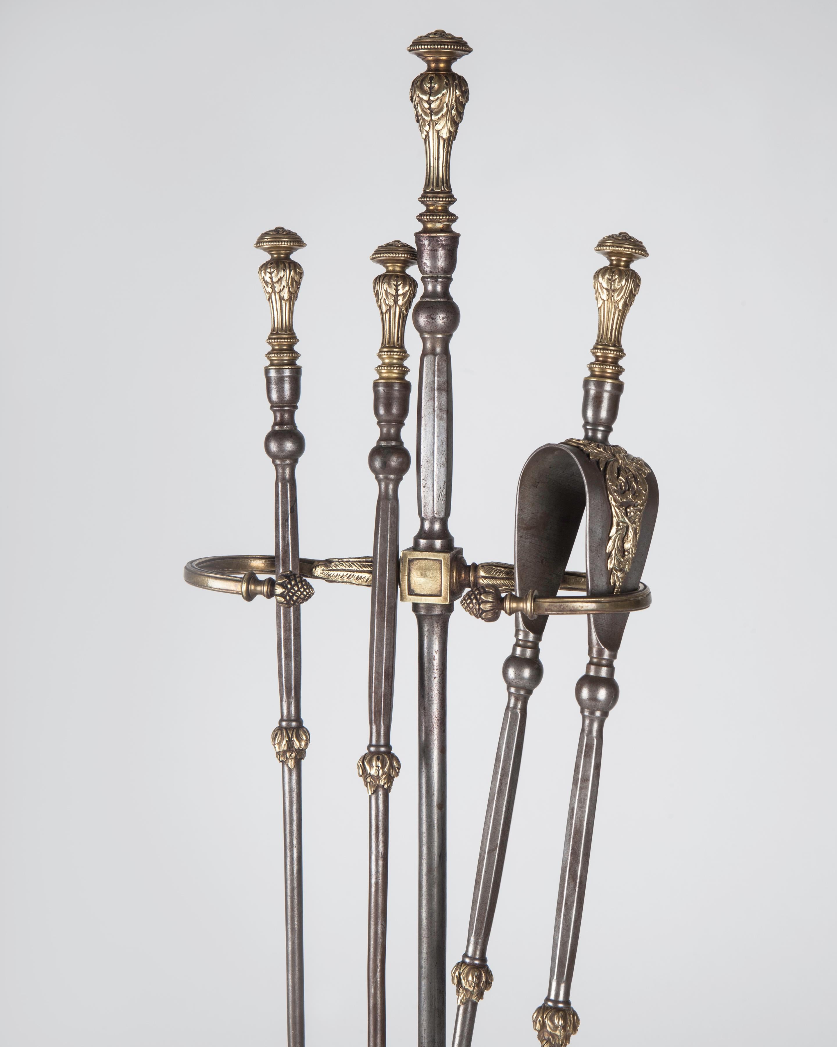 Neoclassical Louis XVI Cast Brass and Steel Fireplace Tools, circa 1880 In Fair Condition In New York, NY