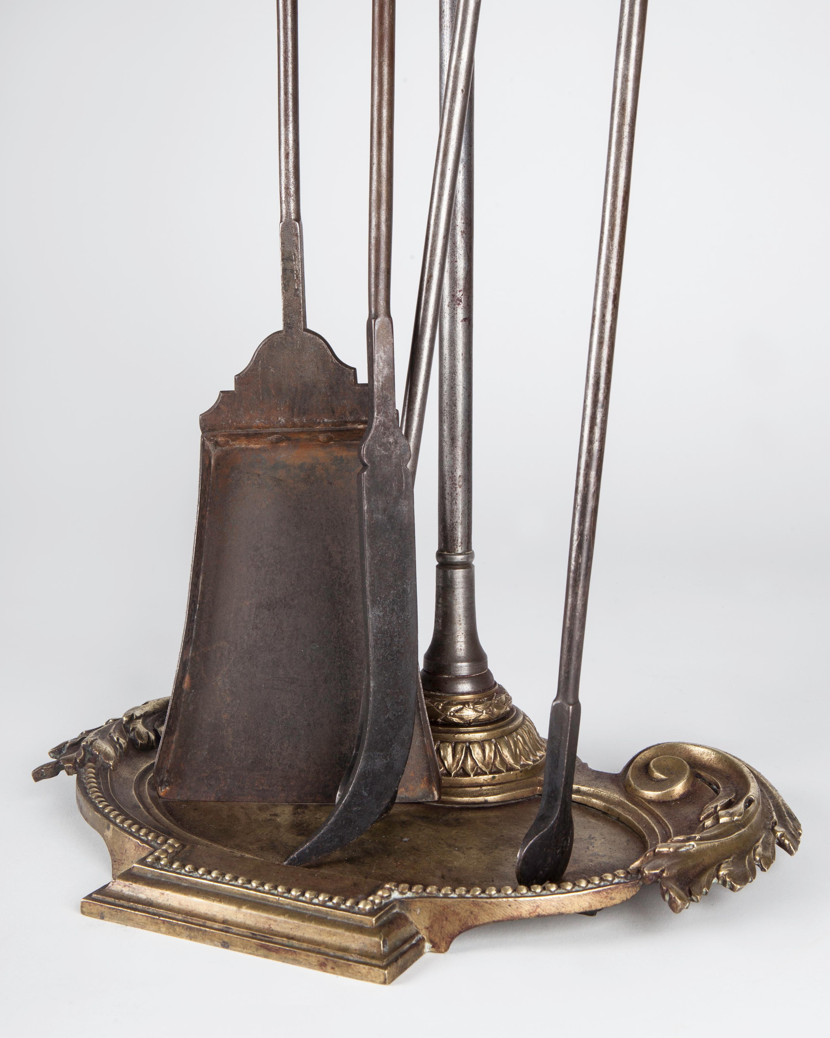 Late 19th Century Neoclassical Louis XVI Cast Brass and Steel Fireplace Tools, circa 1880