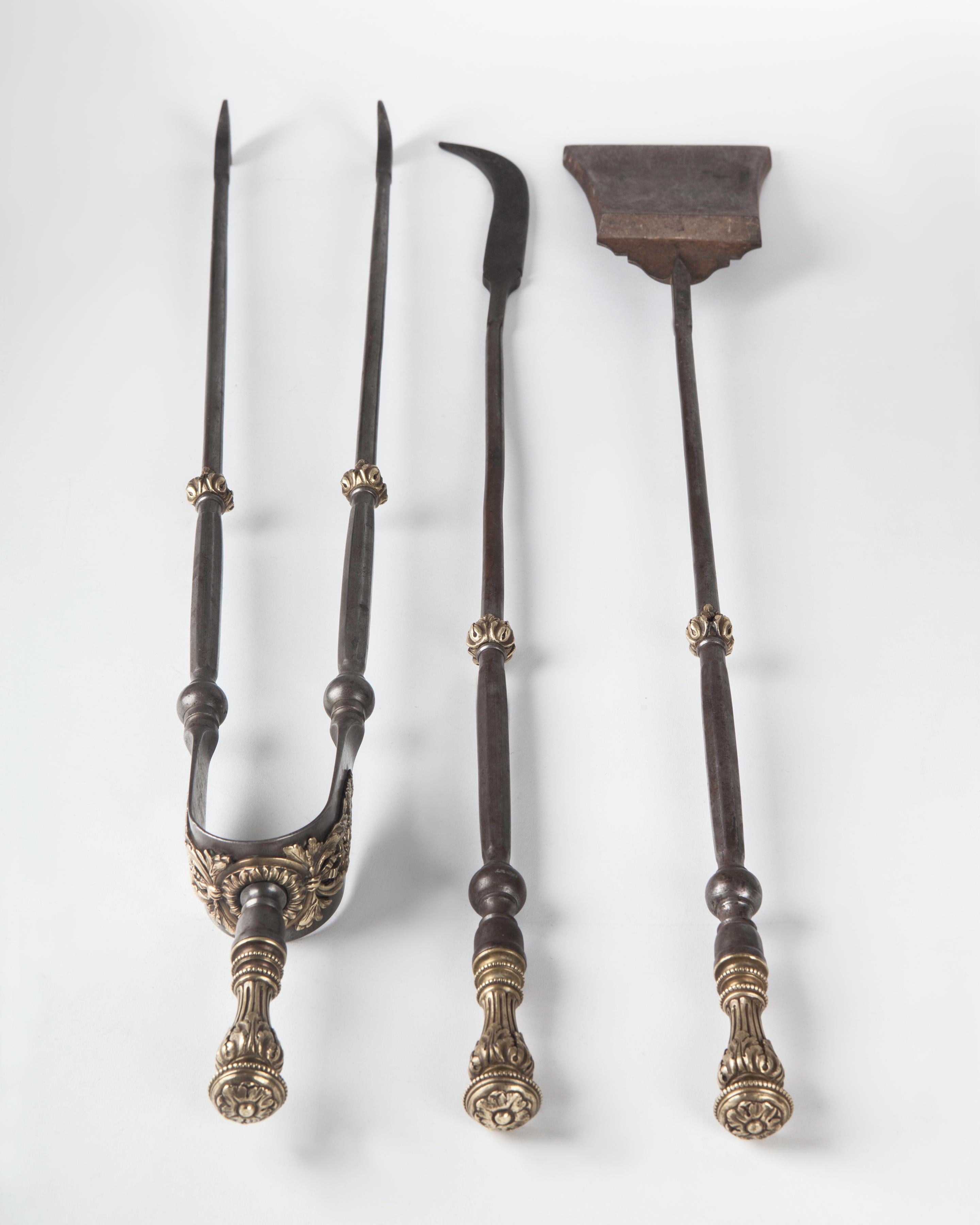 Neoclassical Louis XVI Cast Brass and Steel Fireplace Tools, circa 1880 3