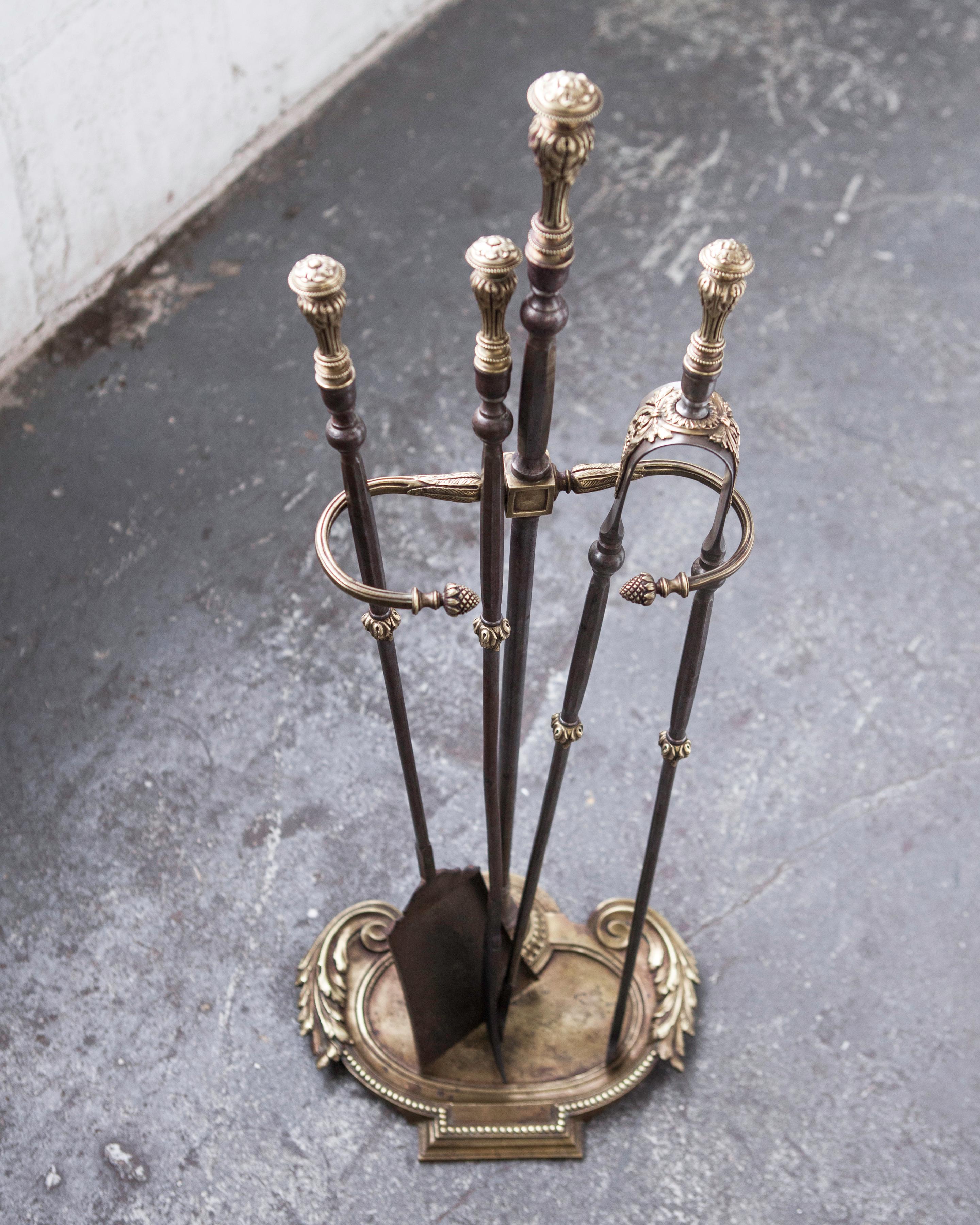 Neoclassical Louis XVI Cast Brass and Steel Fireplace Tools, circa 1880 4
