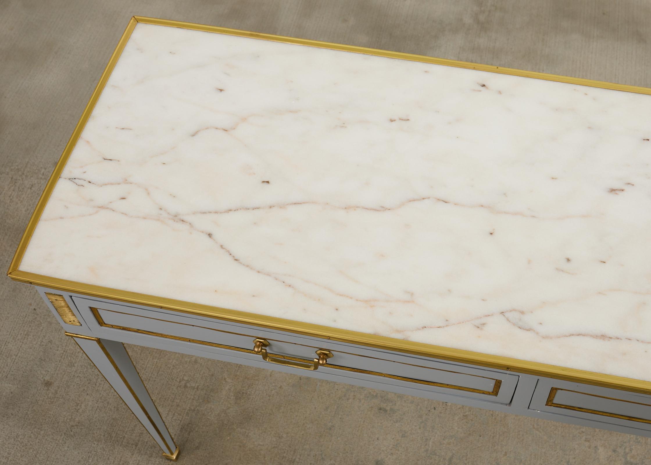 Brass Neoclassical Louis XVI Style Bronze Mounted Marble Top Console Desk For Sale