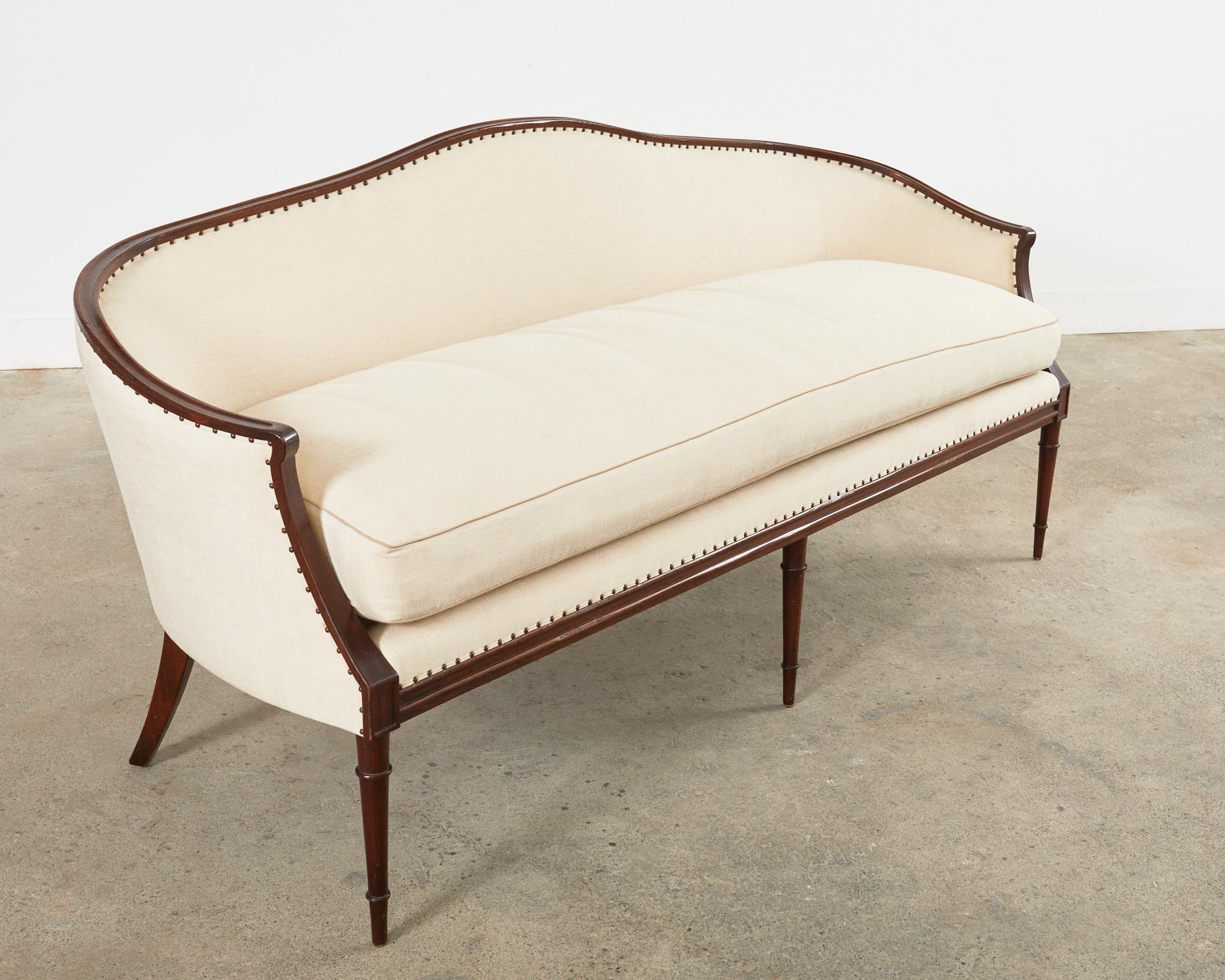 Hand-Crafted Neoclassical Louis XVI Style Mahogany and Silk Cabriole Sofa