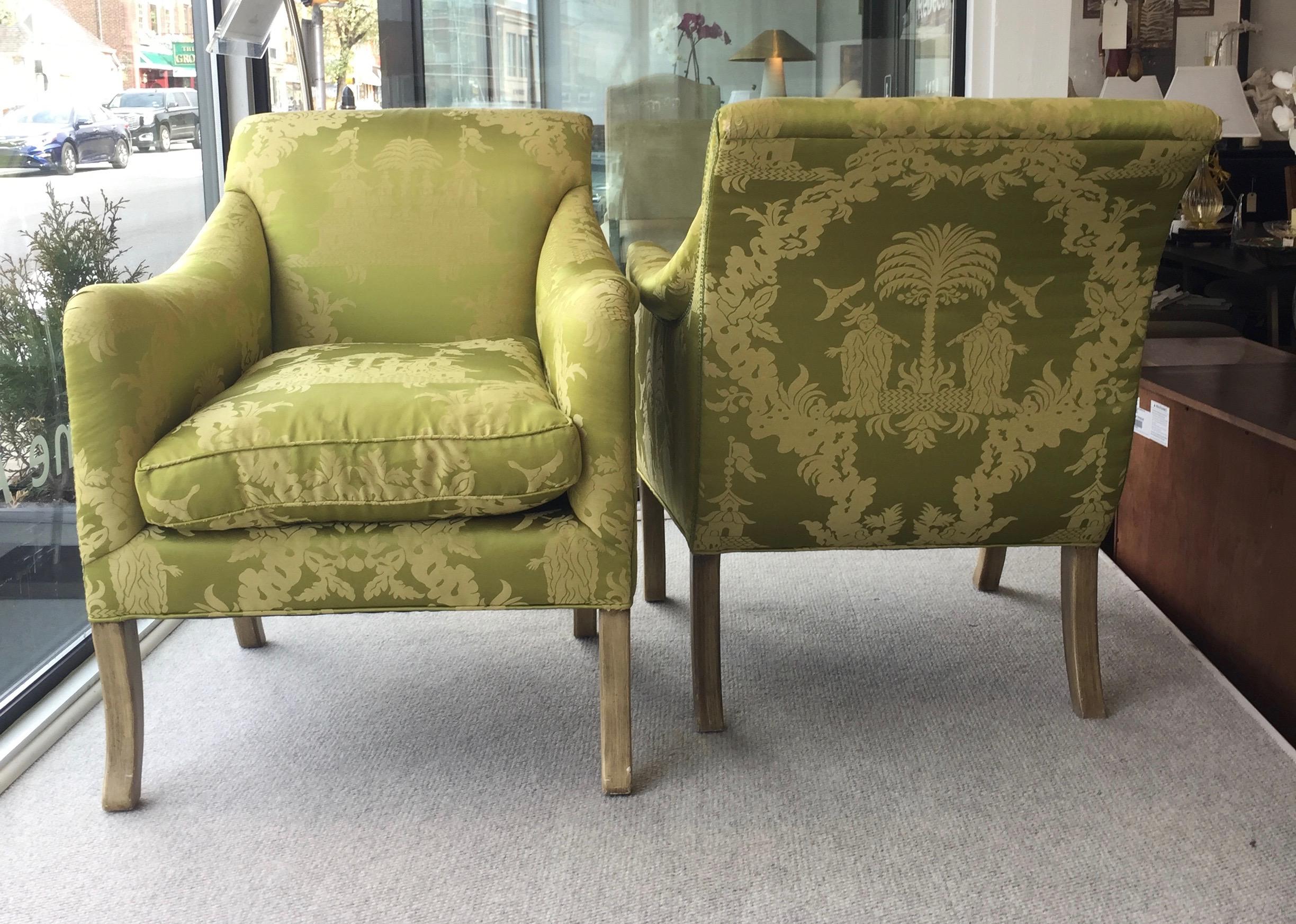 Neoclassical Lounge Chairs for William Eubanks in Chartreuse Chinoiserie Silk 4