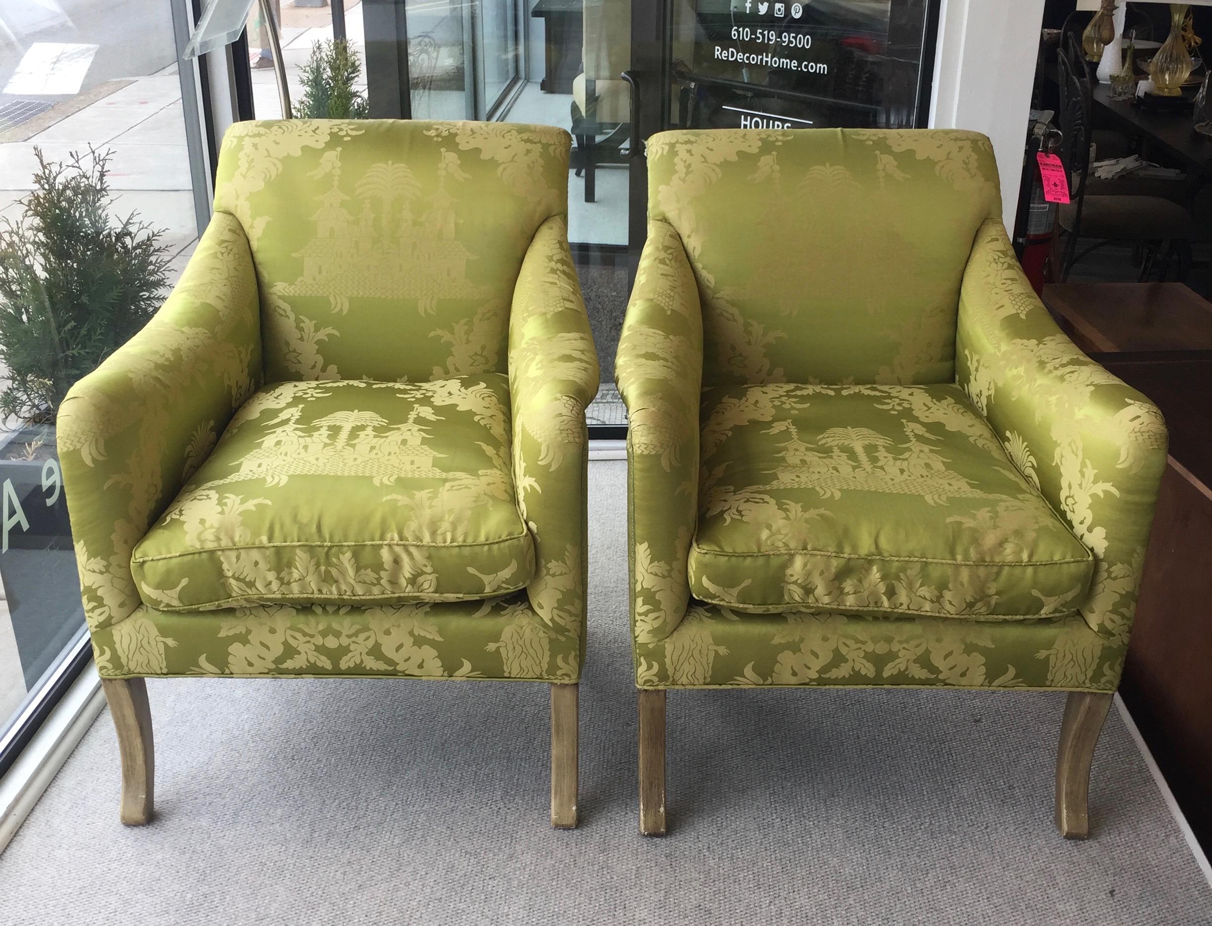Neoclassical Lounge Chairs for William Eubanks in Chartreuse Chinoiserie Silk In Good Condition In Philadelphia, PA
