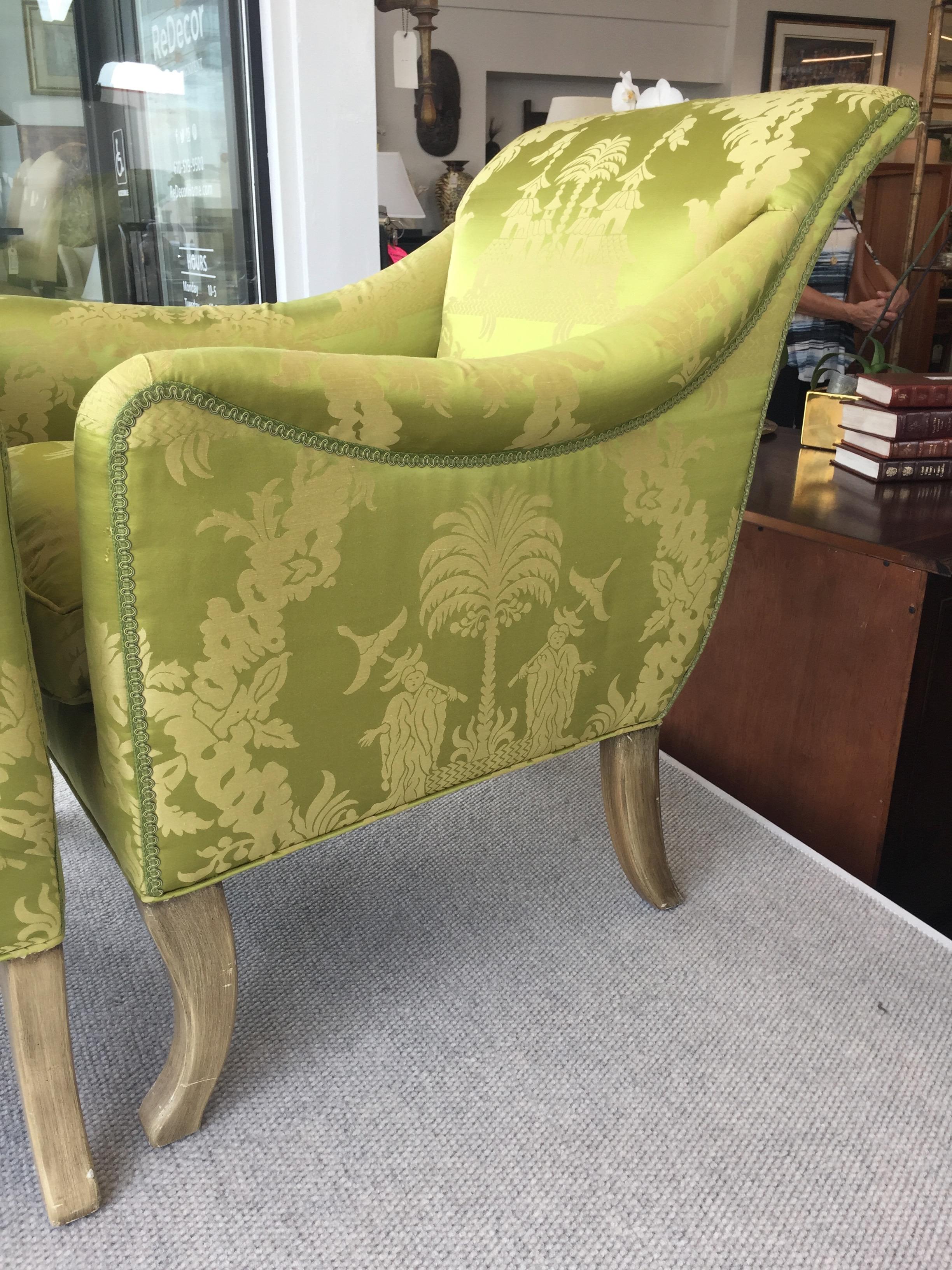 Neoclassical Lounge Chairs for William Eubanks in Chartreuse Chinoiserie Silk 2