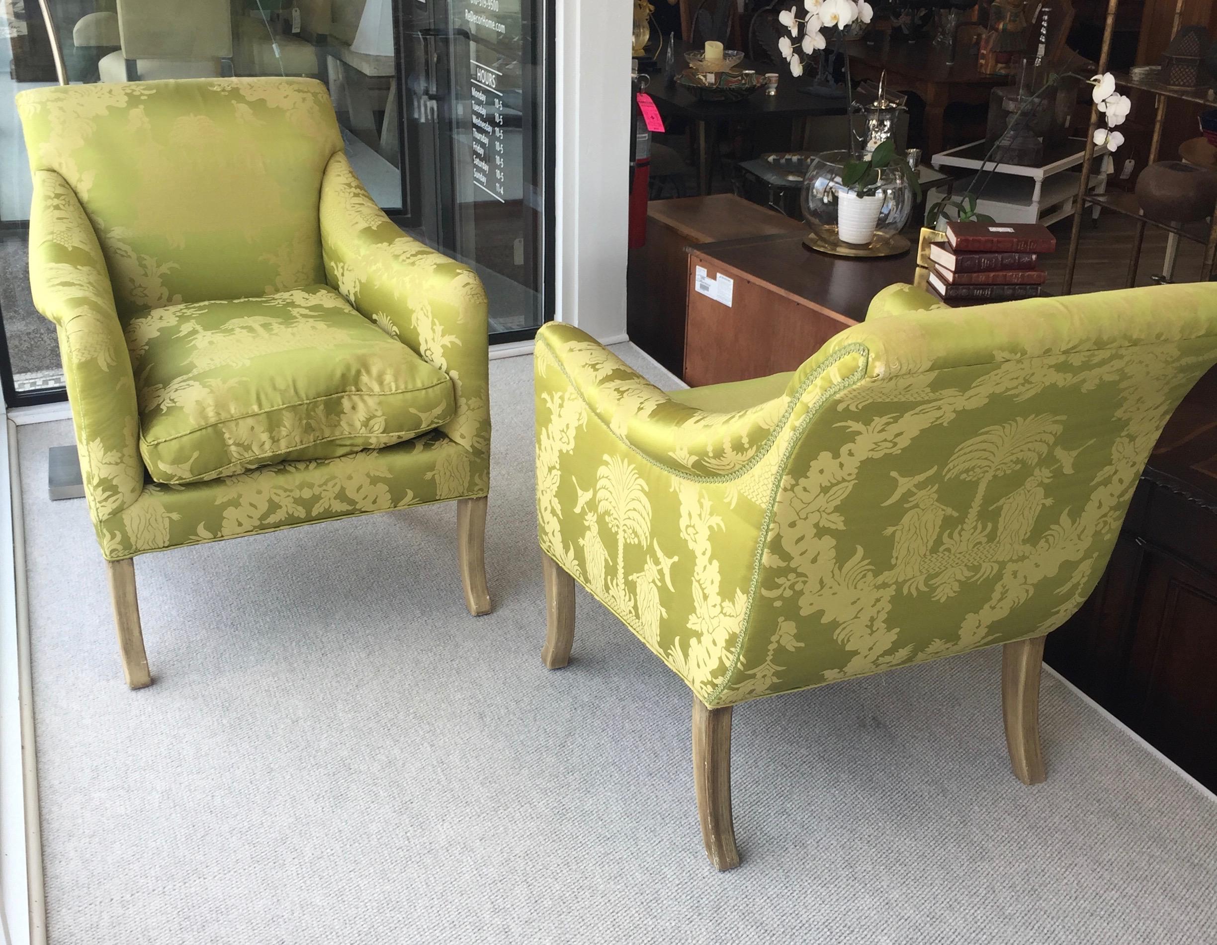 Neoclassical Lounge Chairs for William Eubanks in Chartreuse Chinoiserie Silk 3