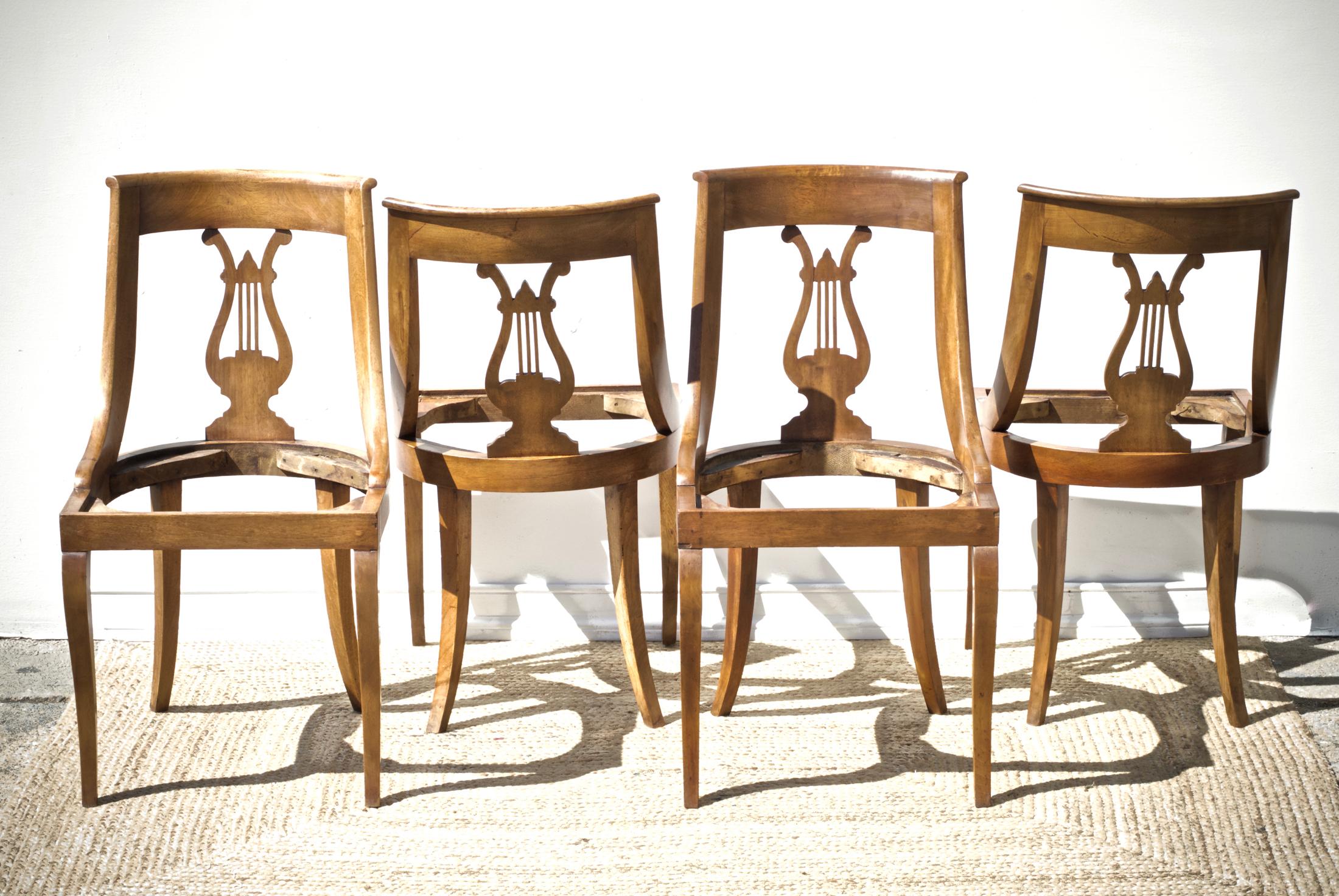 Birch Neoclassical Lyre Back Game Table Chairs, Set of 4 For Sale