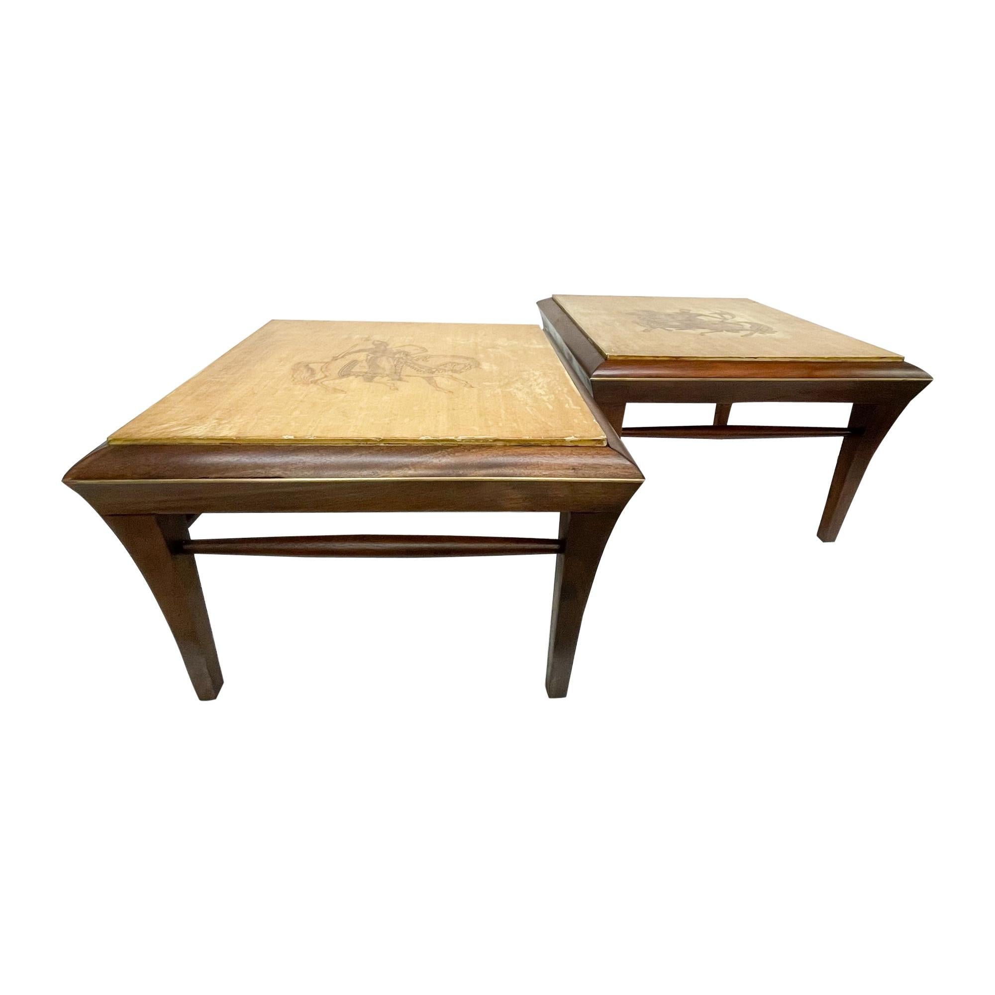 Neoclassical Mahogany & Goatskin Side Tables Hand Painted