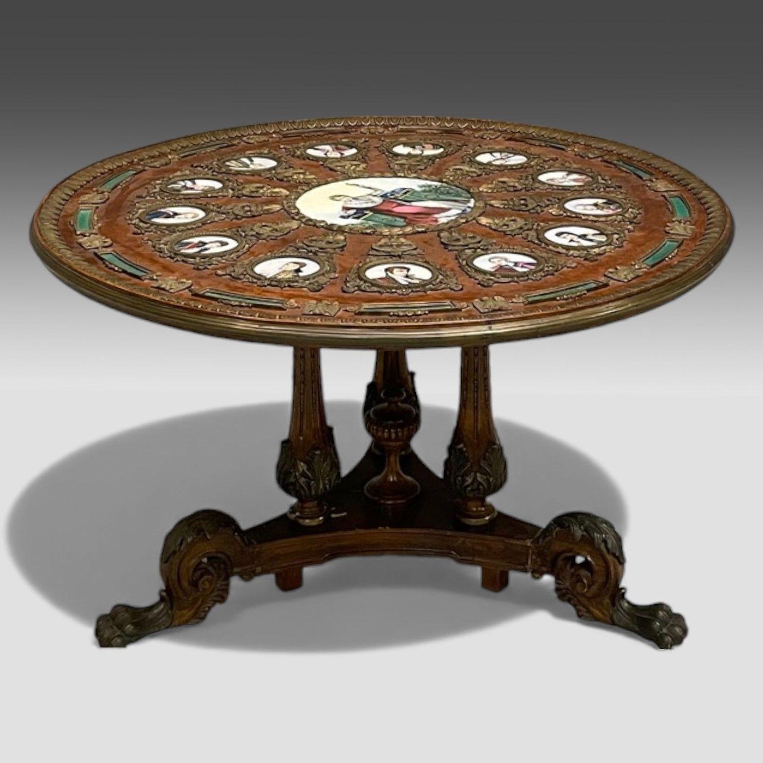Neoclassical, Mahogany, Bronze, Napoleonic Porcelain Plaque Mounted Center or Accent Table, France, 1930s

Stunning mahogany and gilt bronze early 20th century center or end table having a spectacular table top with a large central portrait of