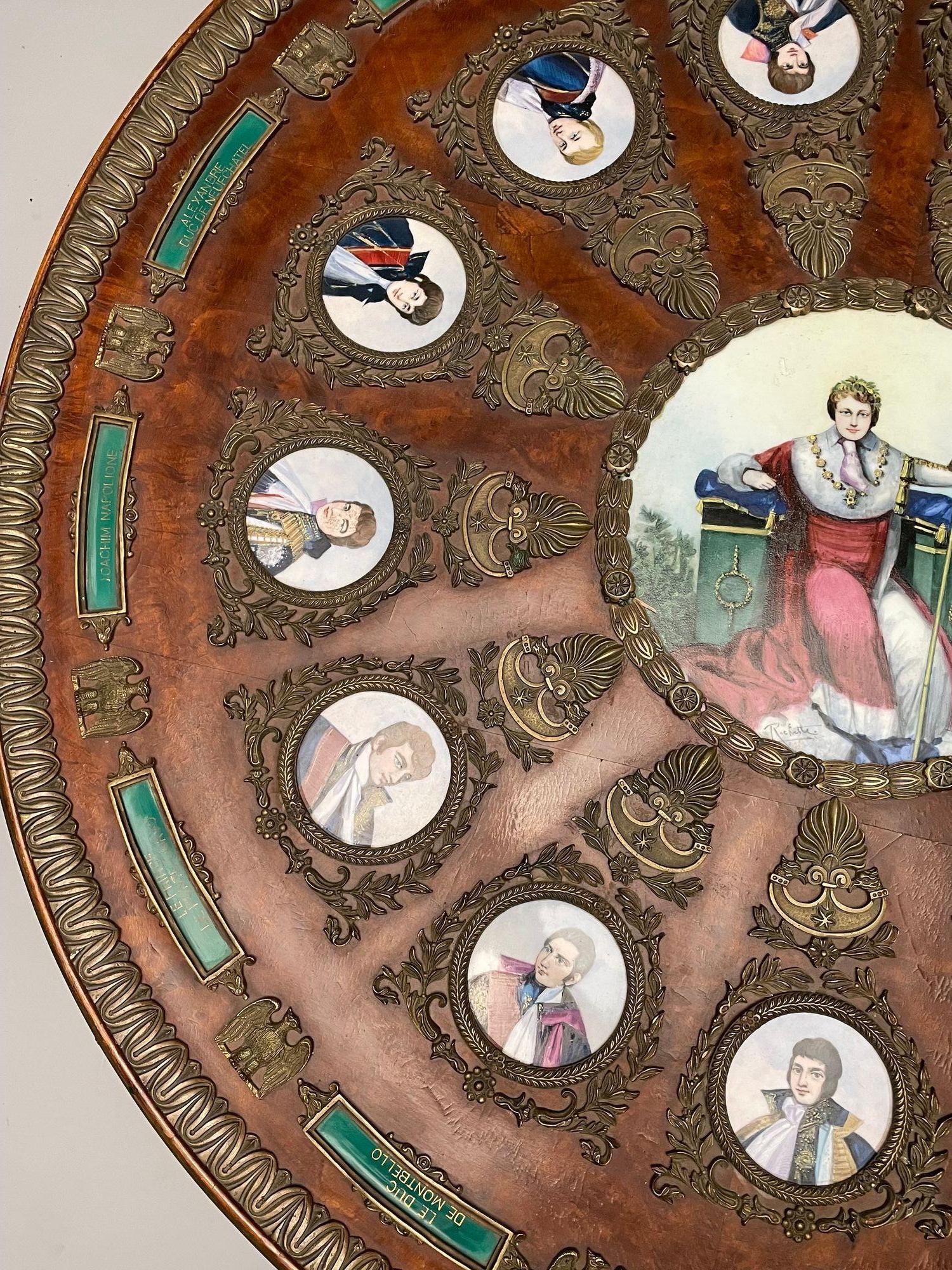 Metal Neoclassical, Mahogany, Napoleonic Plaque Mounted Center Table, France, 1930s For Sale