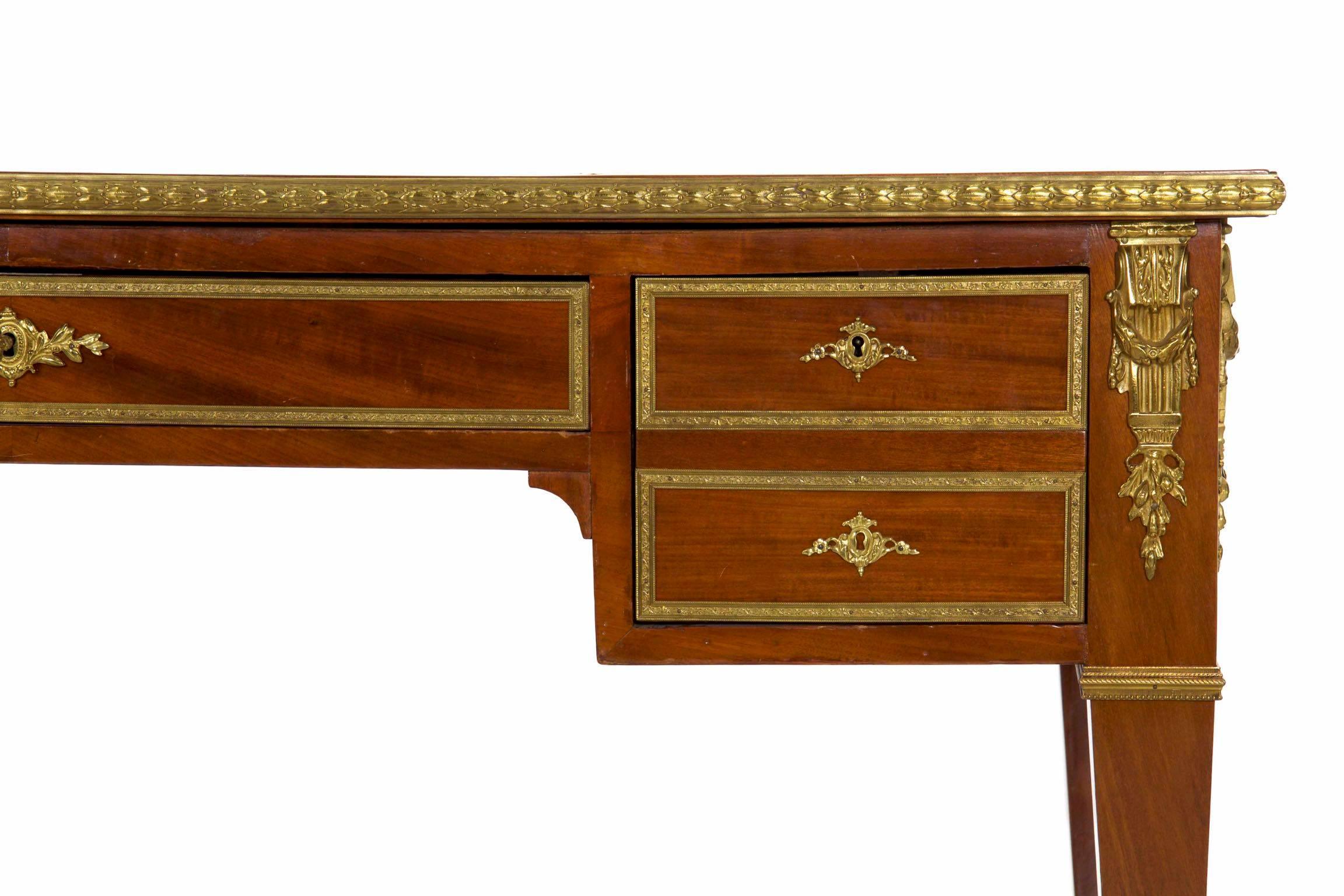Louis XVI Neoclassical Mahogany & Ormolu-Mounted Antique Writing Desk Bureau Plat, France