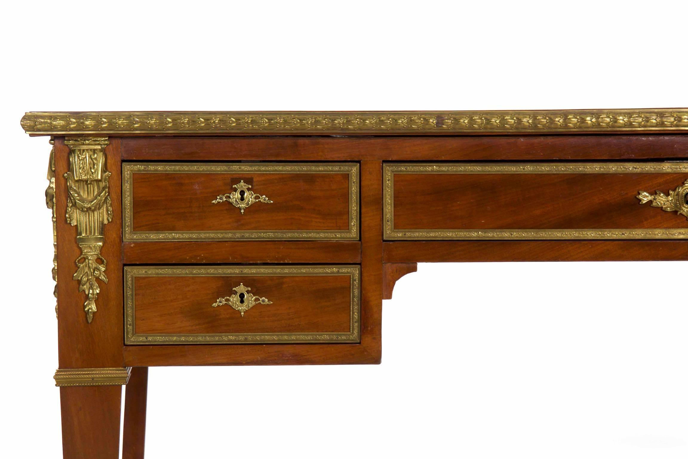 French Neoclassical Mahogany & Ormolu-Mounted Antique Writing Desk Bureau Plat, France