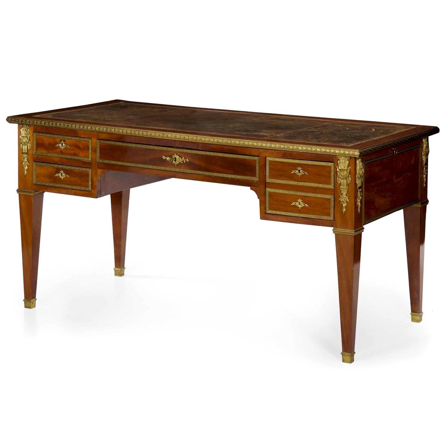 Gilt Neoclassical Mahogany & Ormolu-Mounted Antique Writing Desk Bureau Plat, France