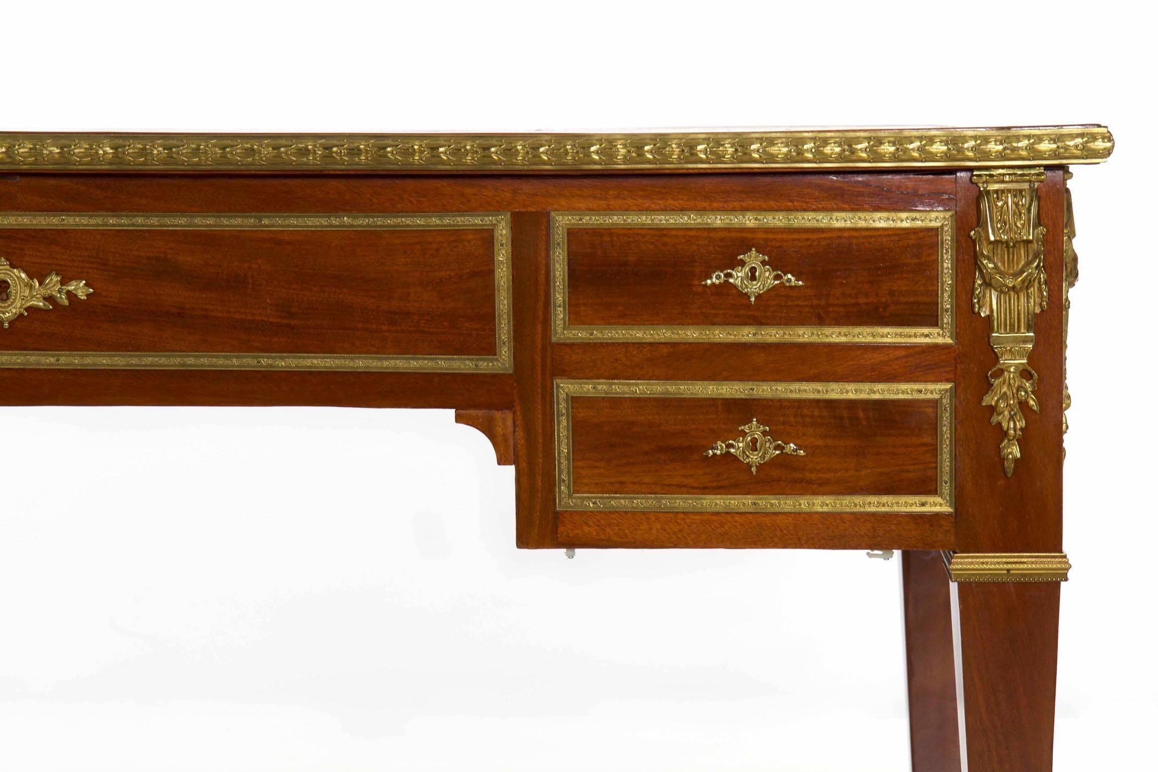 Neoclassical Mahogany & Ormolu-Mounted Antique Writing Desk Bureau Plat, France 1