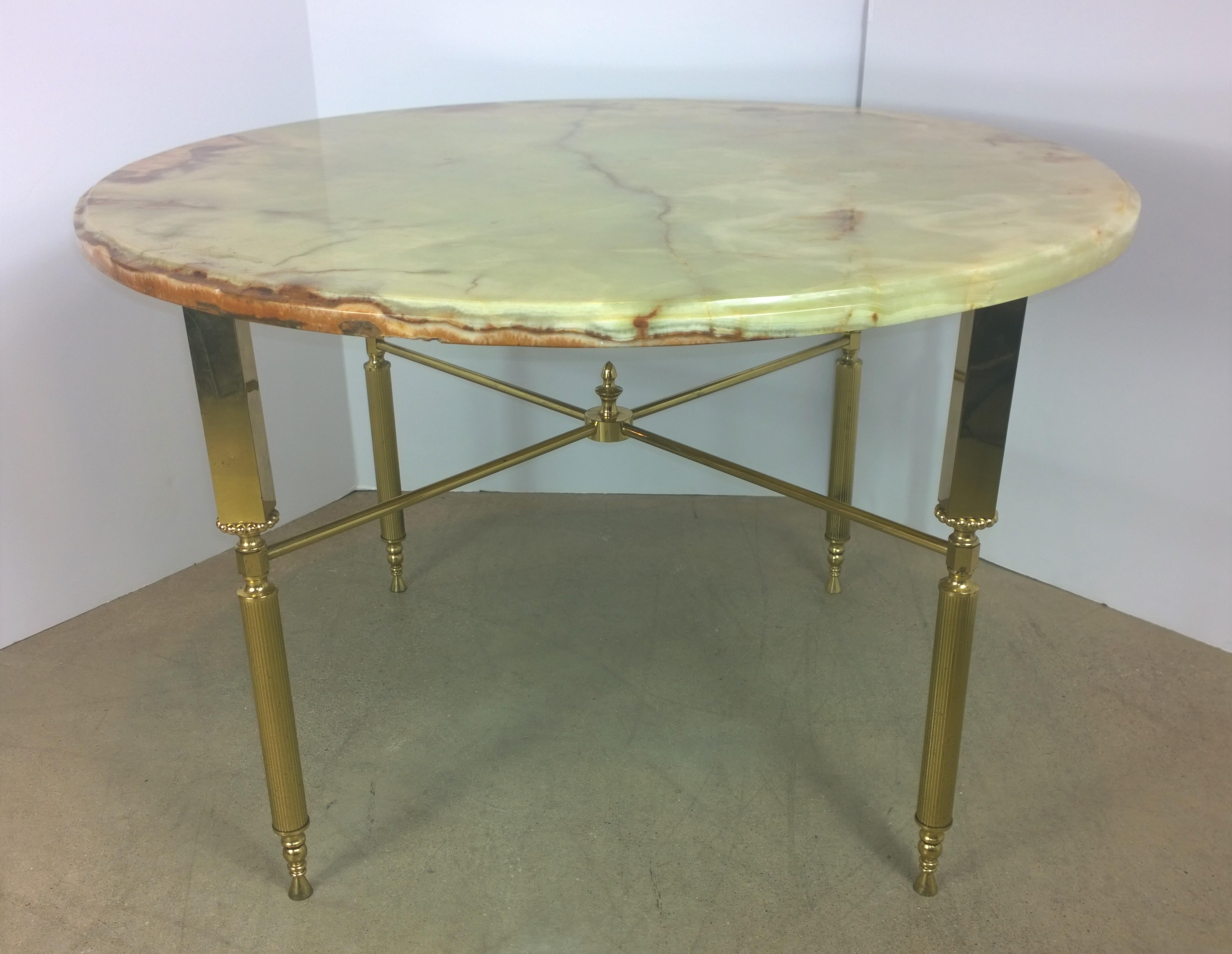 Lacquered Neoclassical Maison Jansen Orange & Cream Onyx and Brass Side or Cocktail Table For Sale