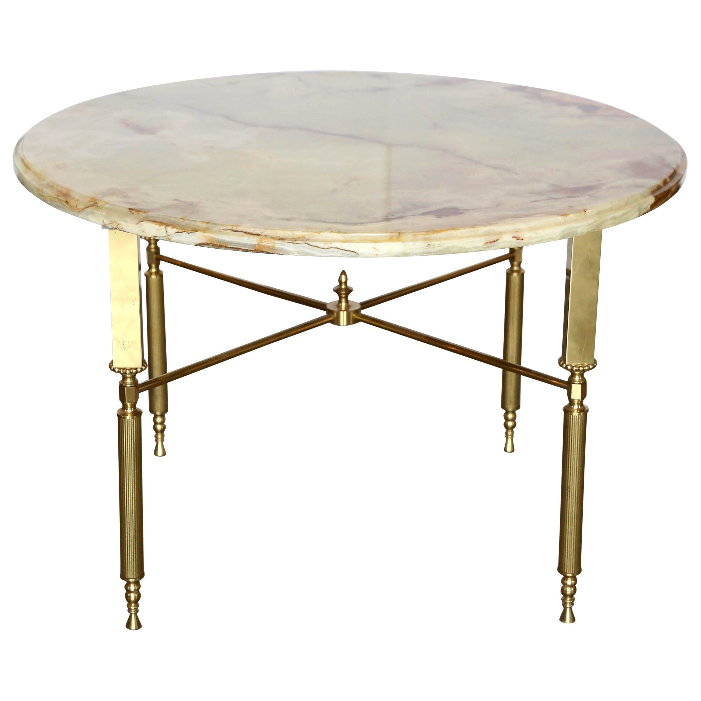 Neoclassical Maison Jansen Orange & Cream Onyx and Brass Side or Cocktail Table For Sale