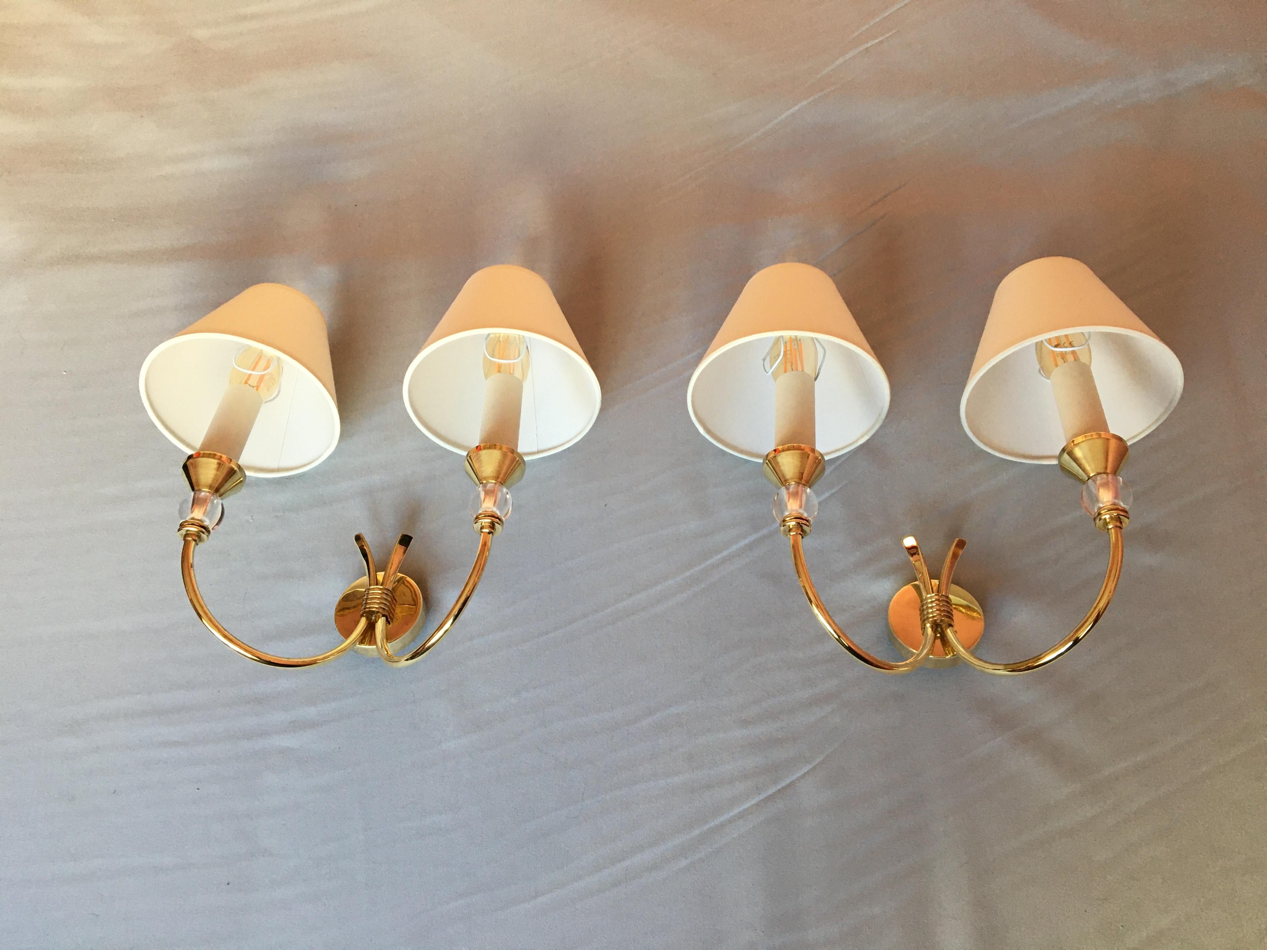 Neoclassical Maison Jansen Style Brass Double Sconces, France, 1950 For Sale 7