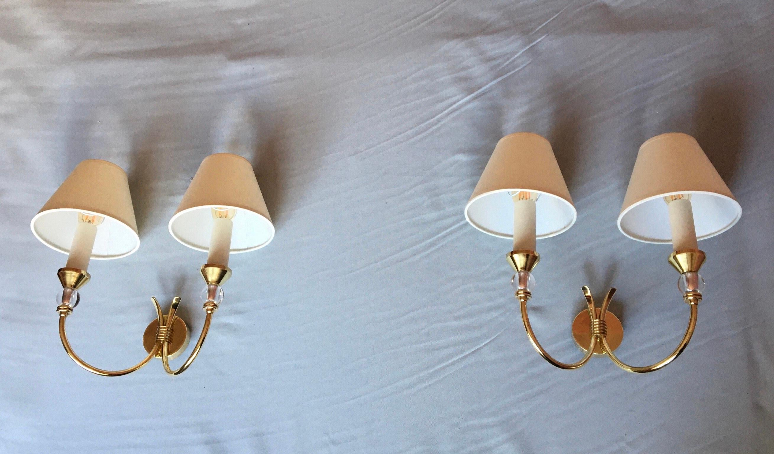 French Neoclassical Maison Jansen Style Brass Double Sconces, France, 1950 For Sale