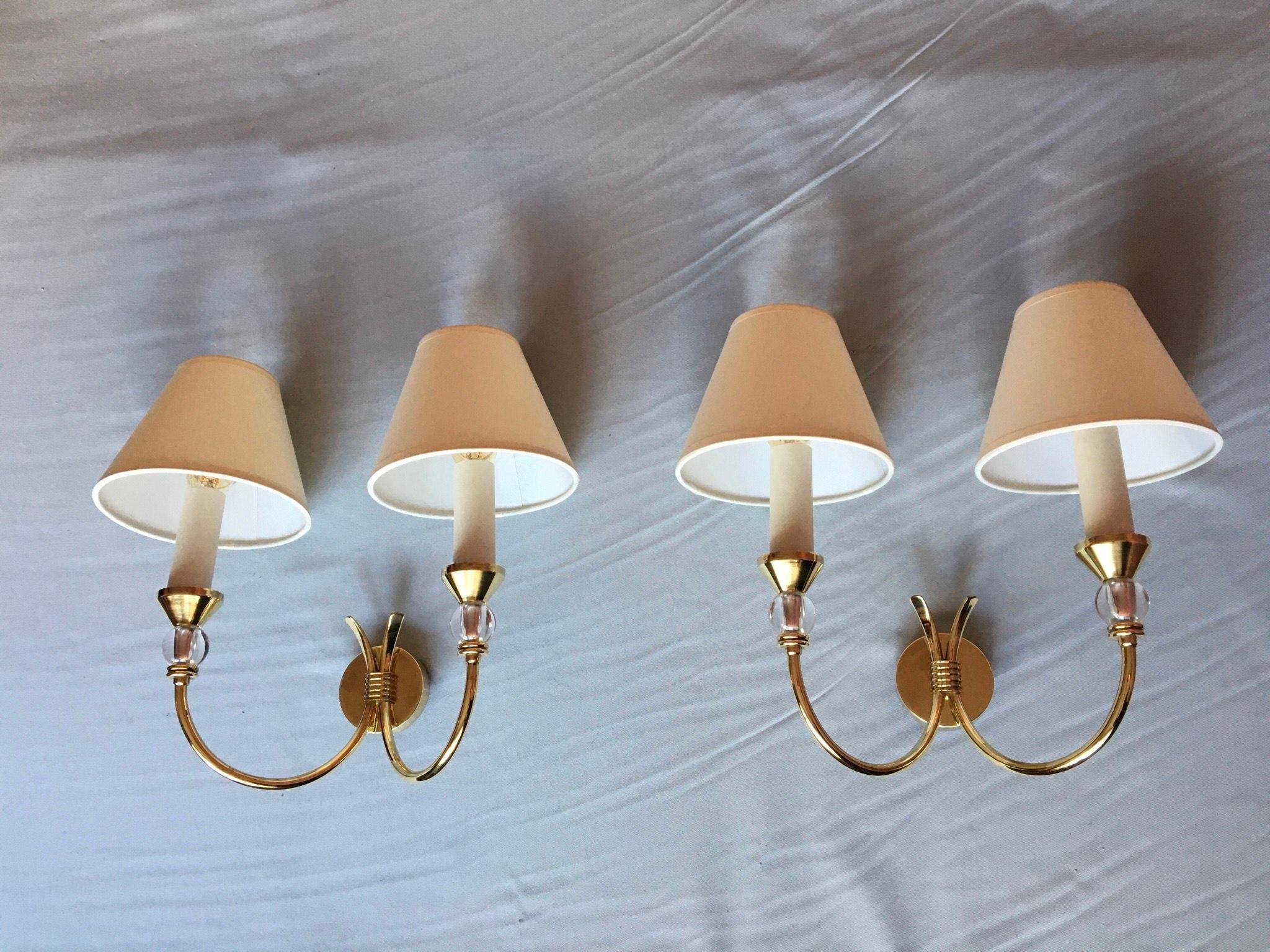 Neoclassical Maison Jansen Style Brass Double Sconces, France, 1950 In Good Condition For Sale In Paris, FR