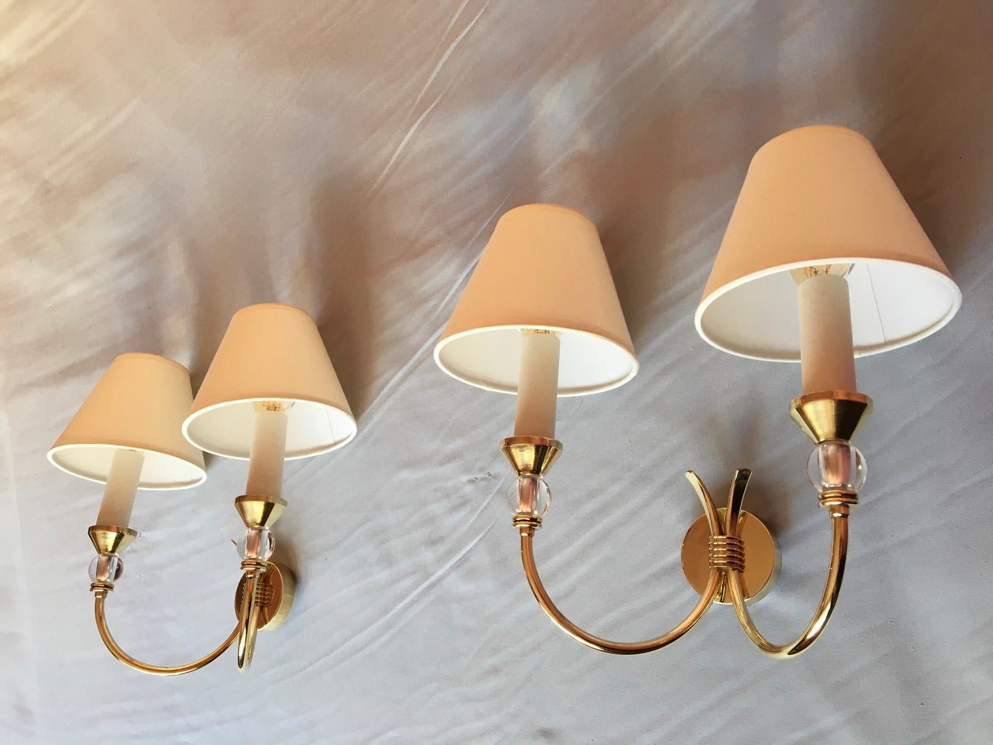 Mid-20th Century Neoclassical Maison Jansen Style Brass Double Sconces, France, 1950 For Sale