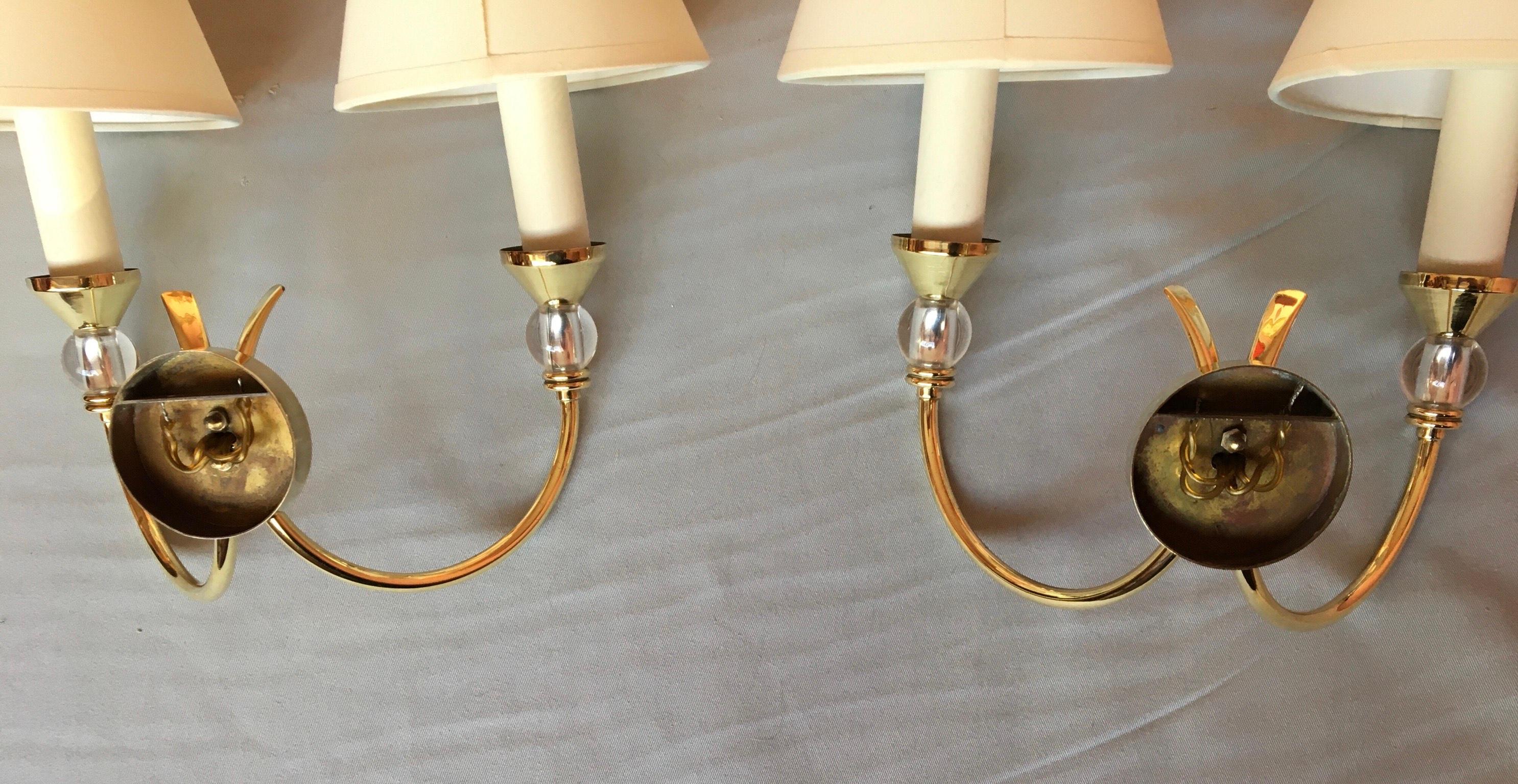 Neoclassical Maison Jansen Style Brass Double Sconces, France, 1950 For Sale 2