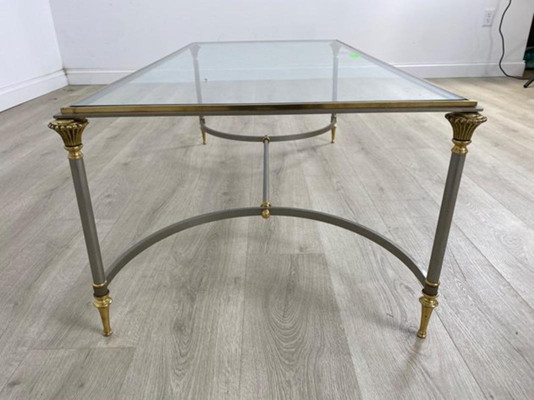 Brushed  Neoclassical Maison Jansen Style Steel And Brass Coffee Table For Sale