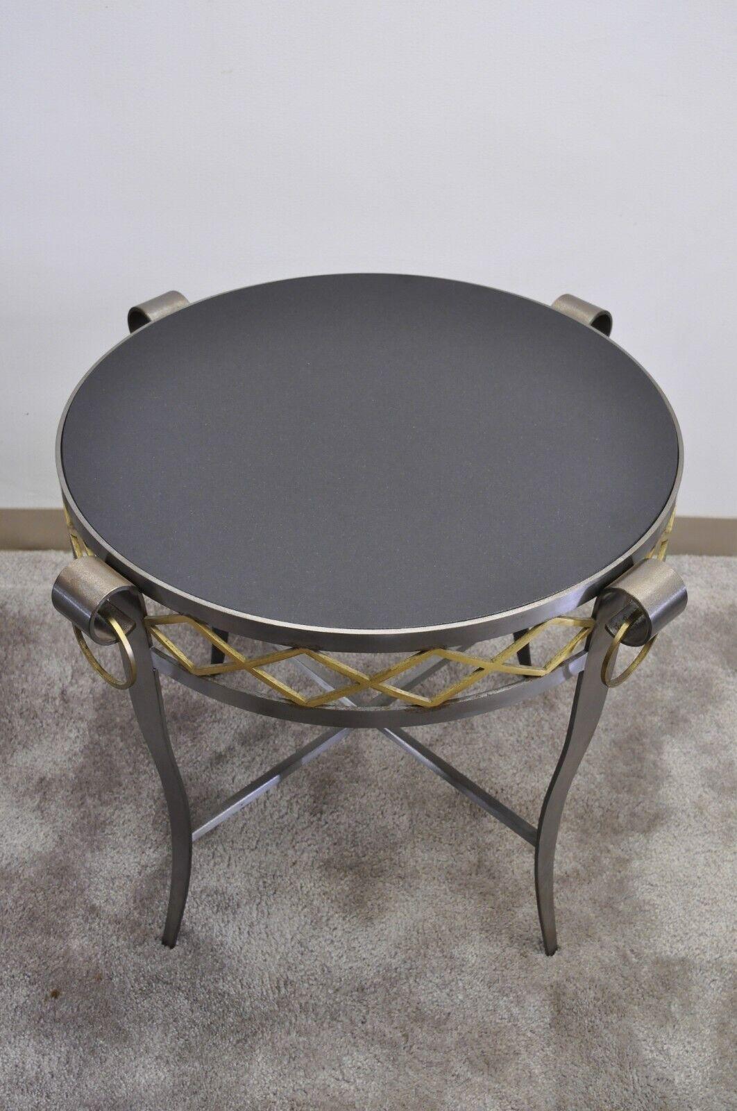 Neoclassical Maison Jansen Style Steel Black Marble Round Bouillotte Side Table In Good Condition For Sale In Philadelphia, PA