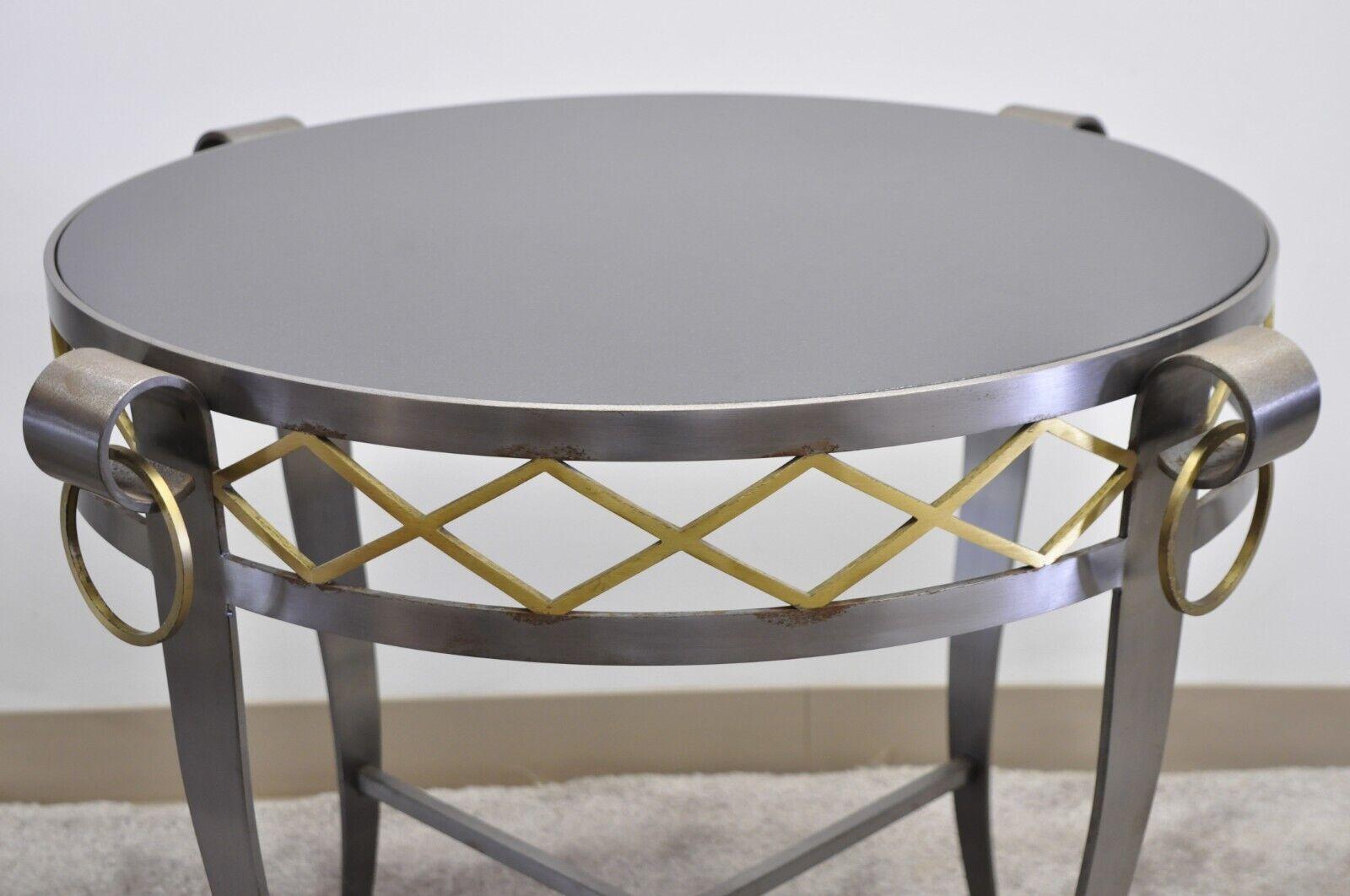 Late 20th Century Neoclassical Maison Jansen Style Steel Black Marble Round Bouillotte Side Table For Sale
