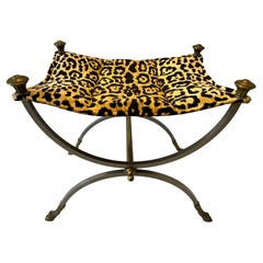 Retro Neoclassical Maison Jansen Style Steel Brass Curule Hoofed Bench Faux Leopard