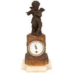 Neoclassical Manner Mantel Clock Case with Patinated Metal Cupid