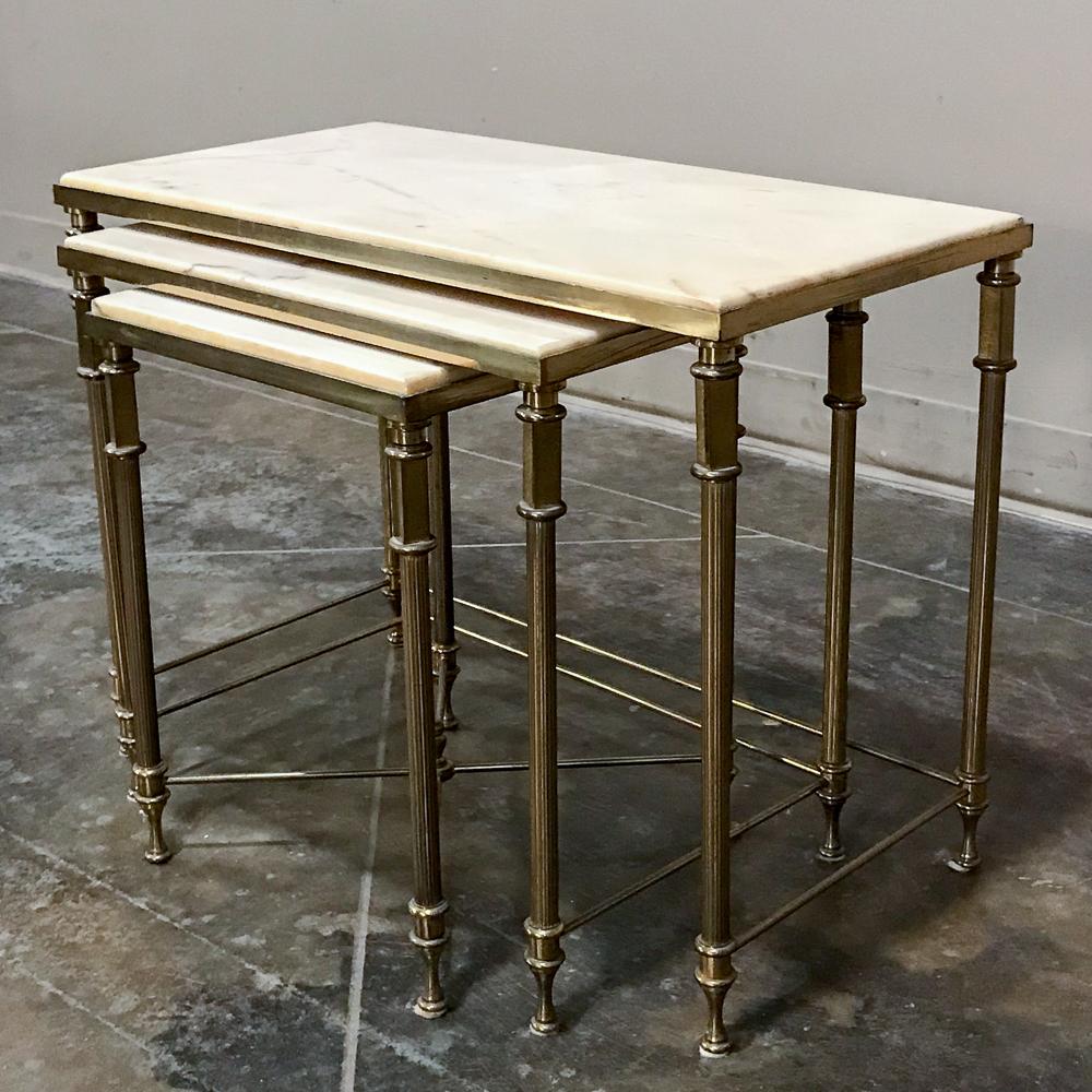 Mid-Century Modern Neoclassical Marble and Brass Nesting Tables, in the Style of Maison Jansen
