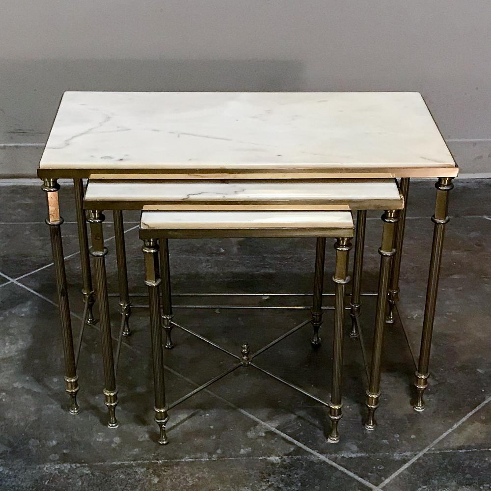 French Neoclassical Marble and Brass Nesting Tables, in the Style of Maison Jansen
