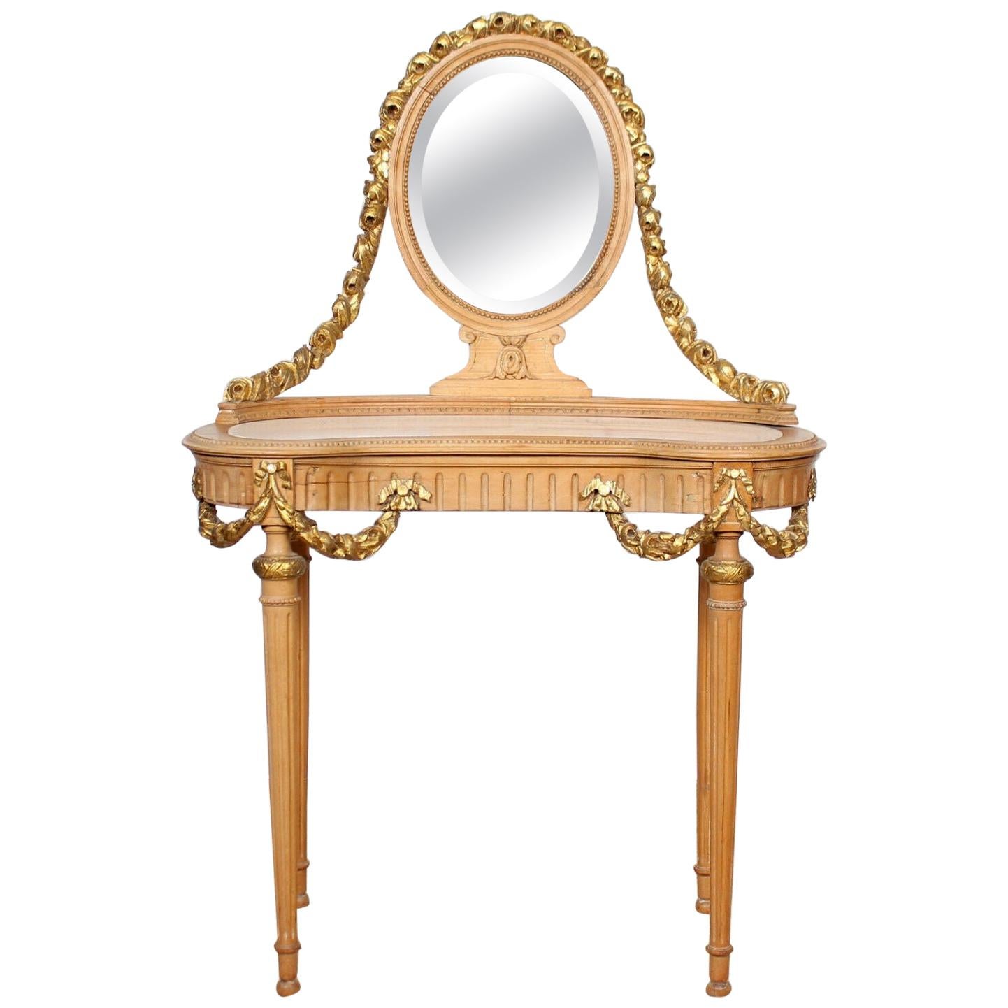 Neoclassical Marble Dressing Table Gilt Mirrored Vanity Satinwood For