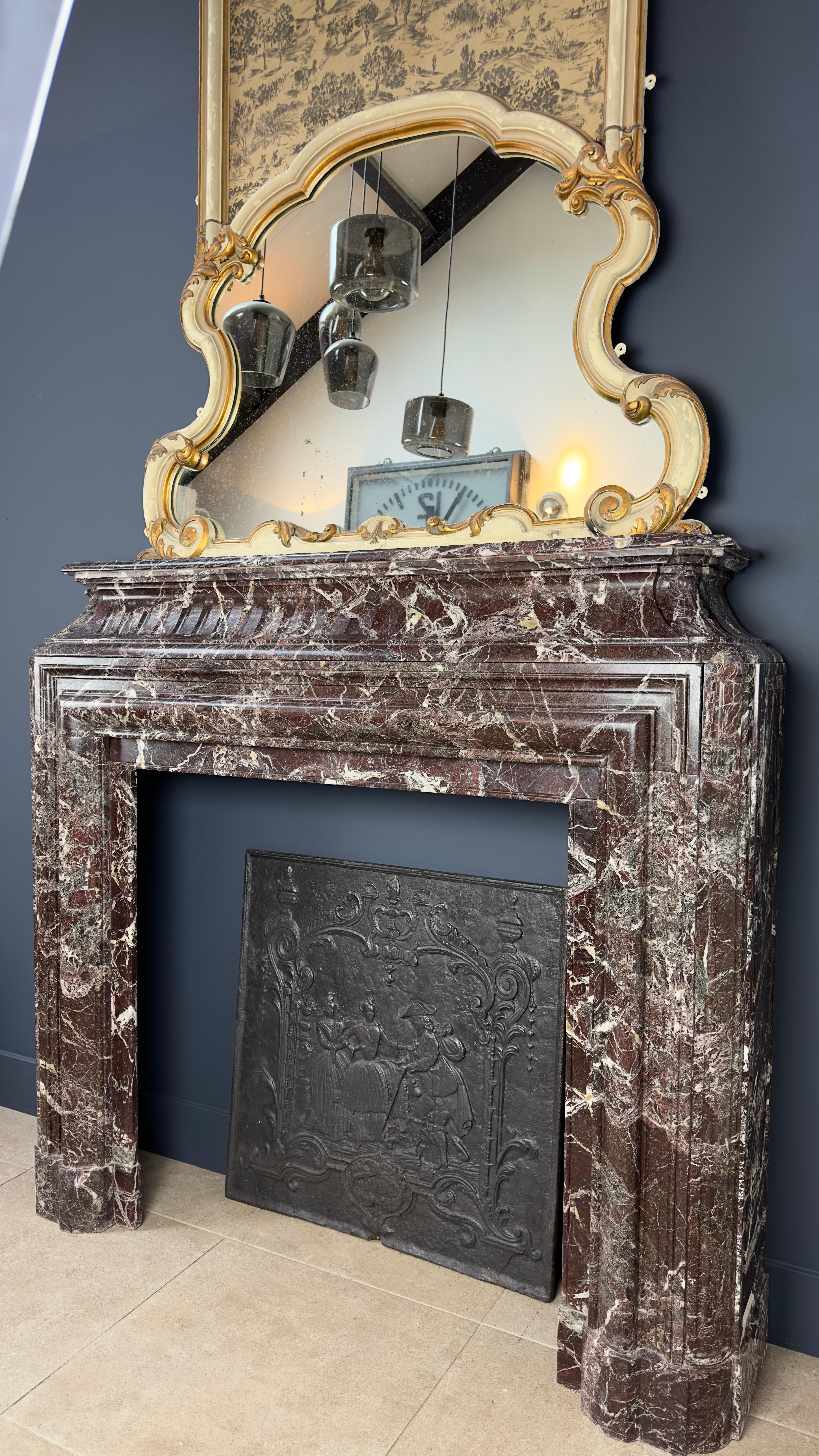 Griotte Marble Neoclassical Marble Rouge Bolection Style Antique Fireplace For Sale