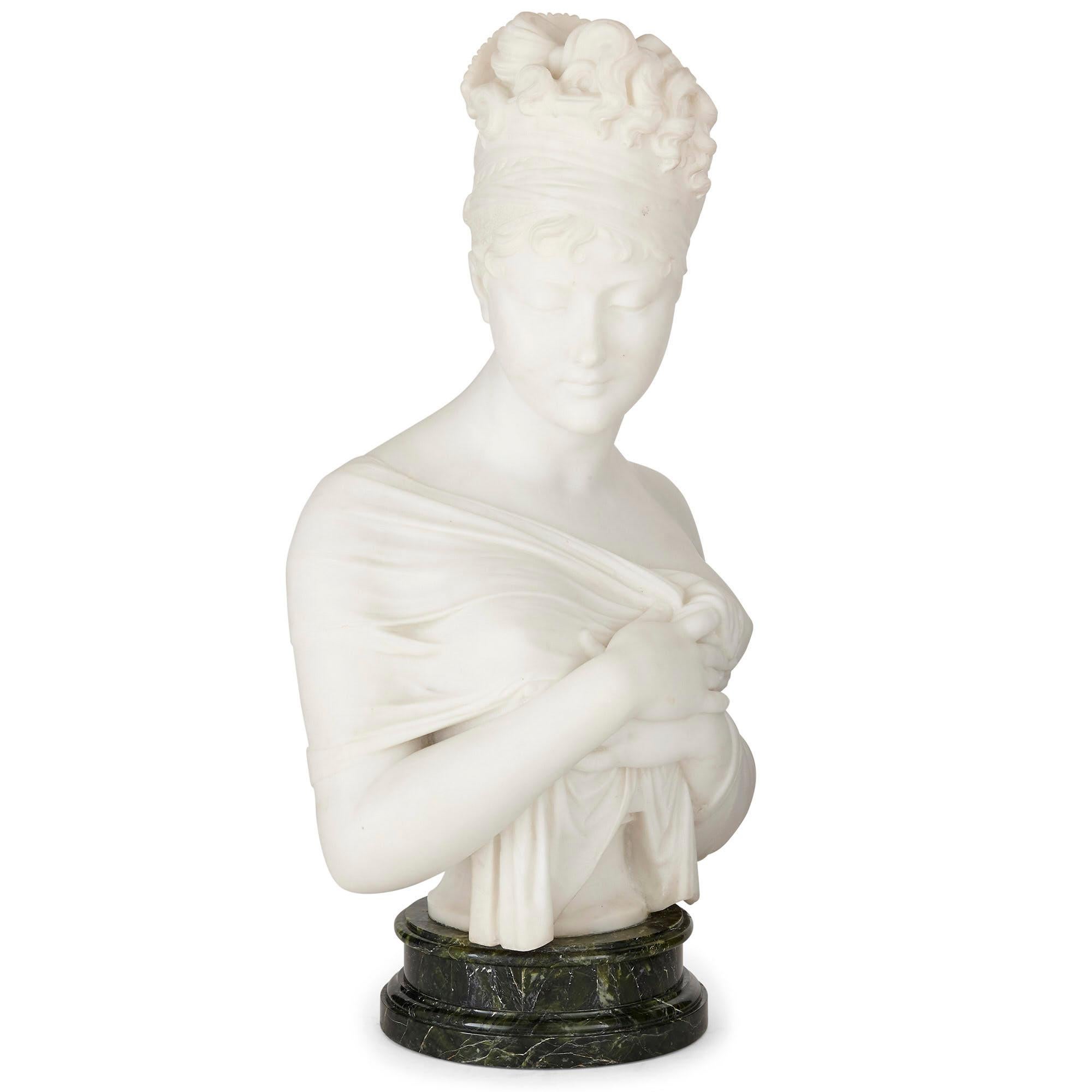 Neoclassical marble sculpture bust after Joseph Chinard
French, late 19th century
Measures: Height 65cm, width 34cm, depth 55cm

Portraying Madame Récamier, a leading proponent of the neoclassical style in early 19th century France, this marble