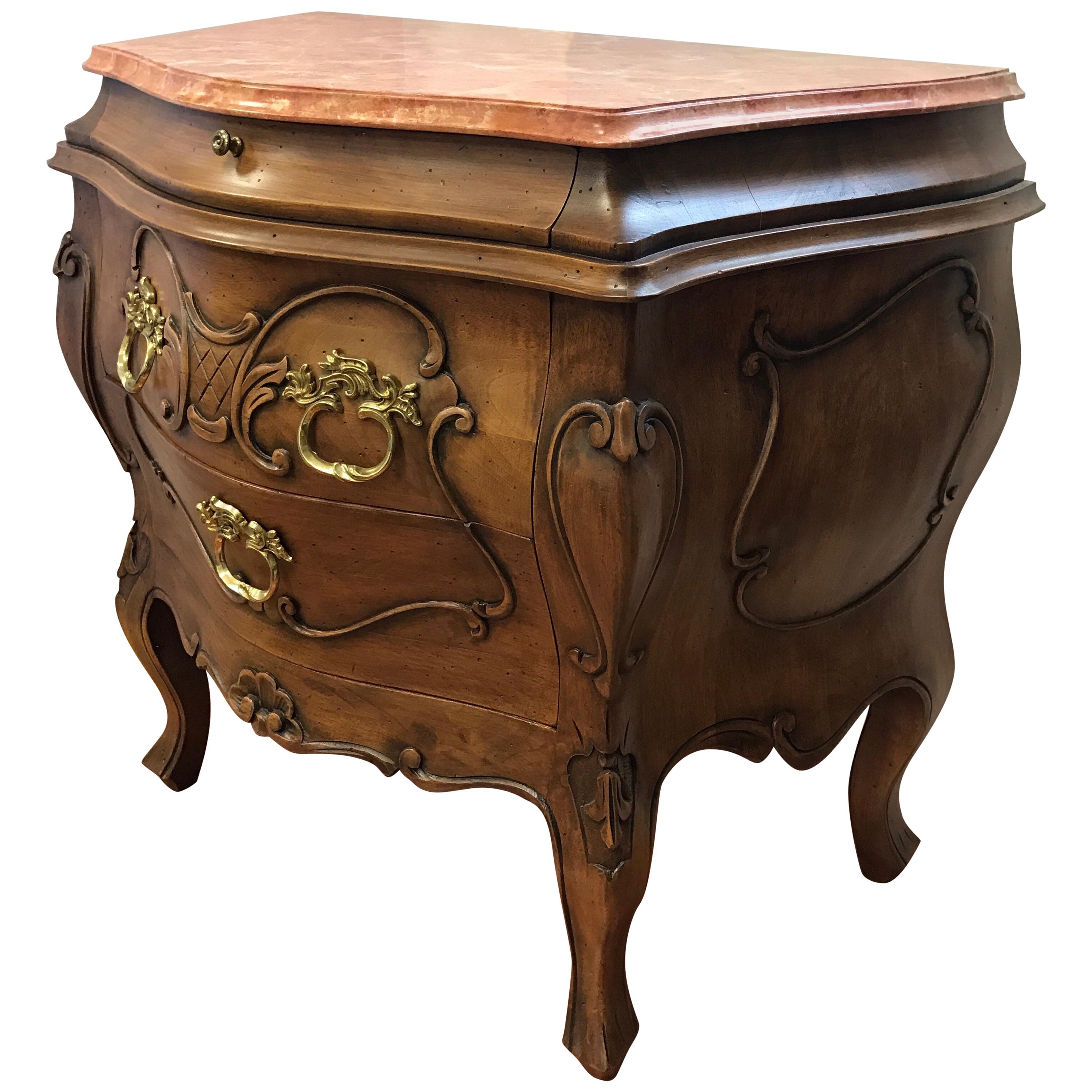 Neoclassical Marble-Top Three-Drawer Nightstand Bombe Chest