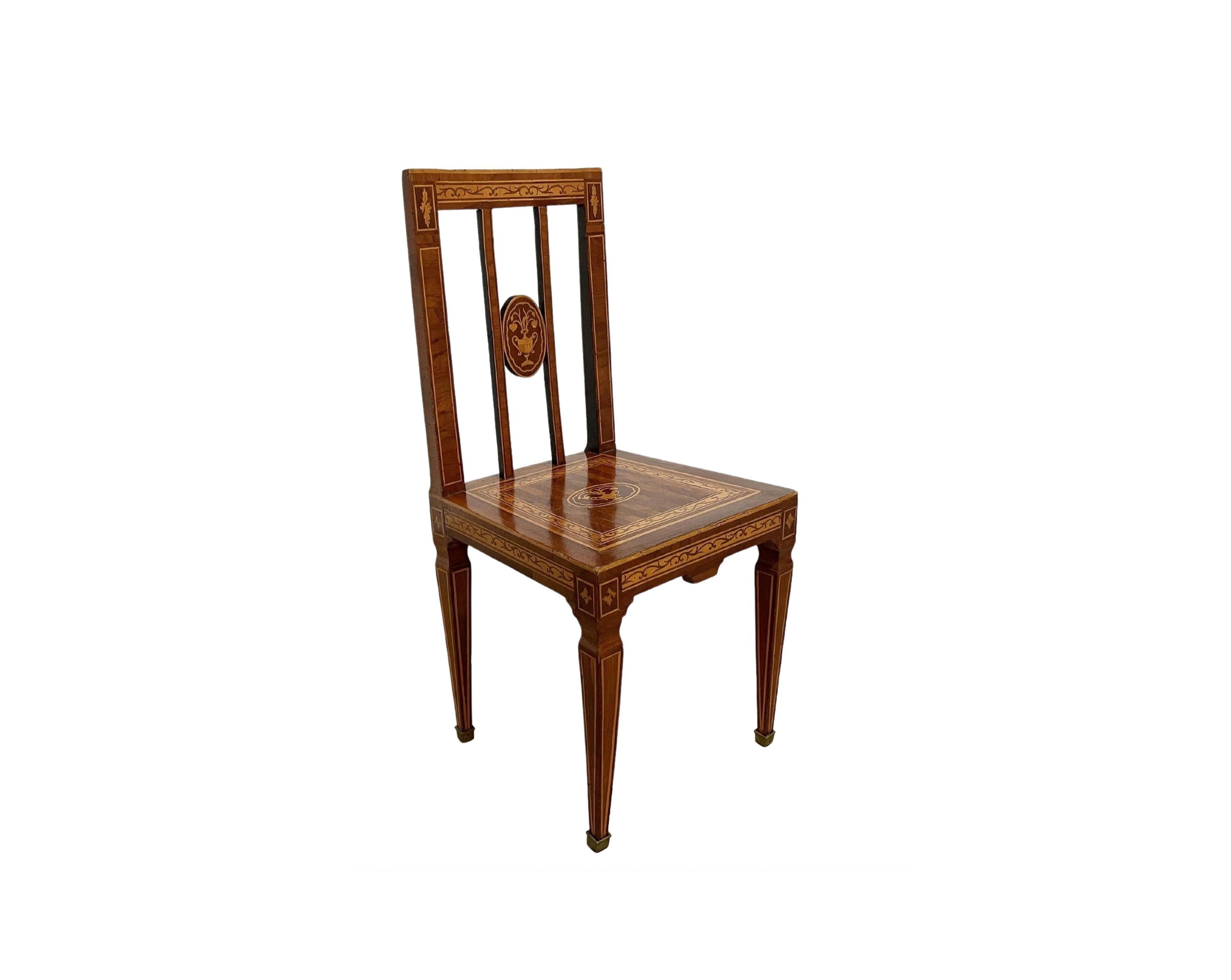 Brass Neoclassical Marquetry Desk Chair in the Style of Giuseppe Maggiolini, Italy For Sale
