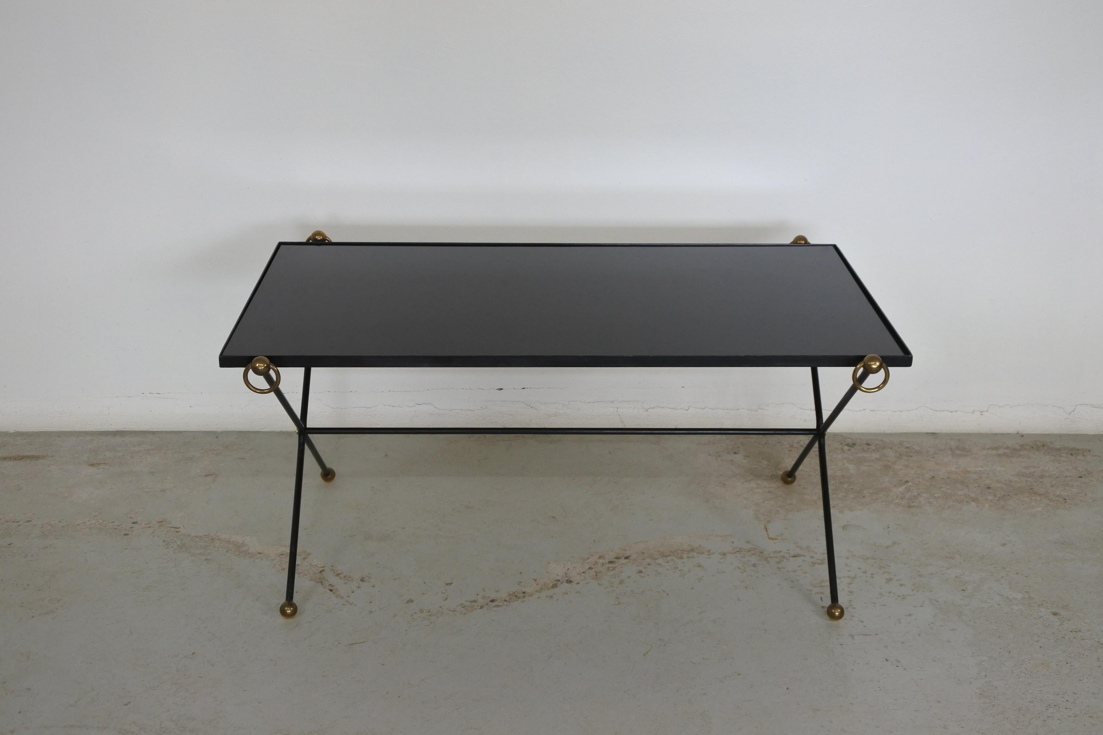 French Neoclassical Metal, Brass and Black Opaline Glass Coffee Table, France, 1950s