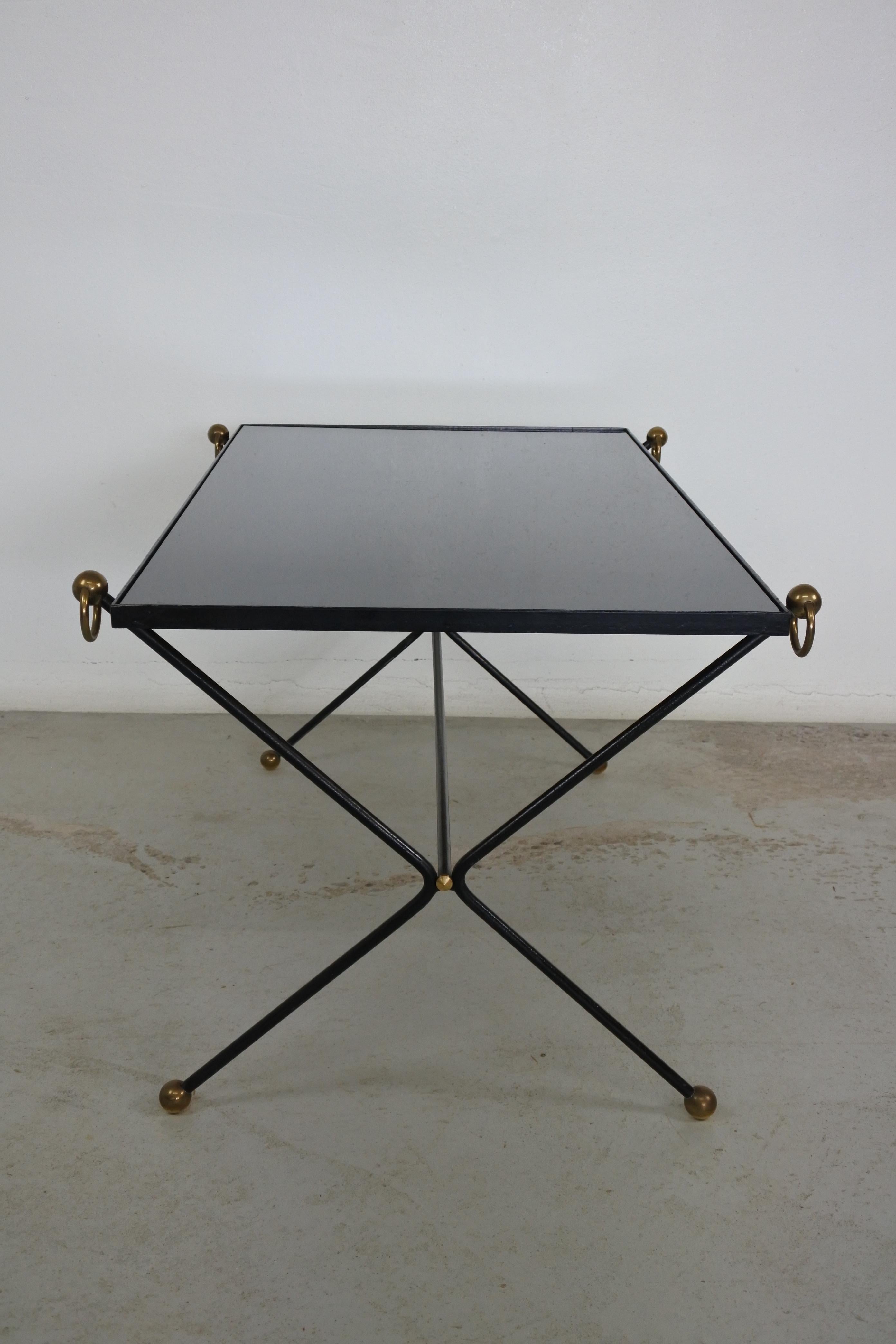 Neoclassical Metal, Brass and Black Opaline Glass Coffee Table, France, 1950s In Good Condition In La Teste De Buch, FR