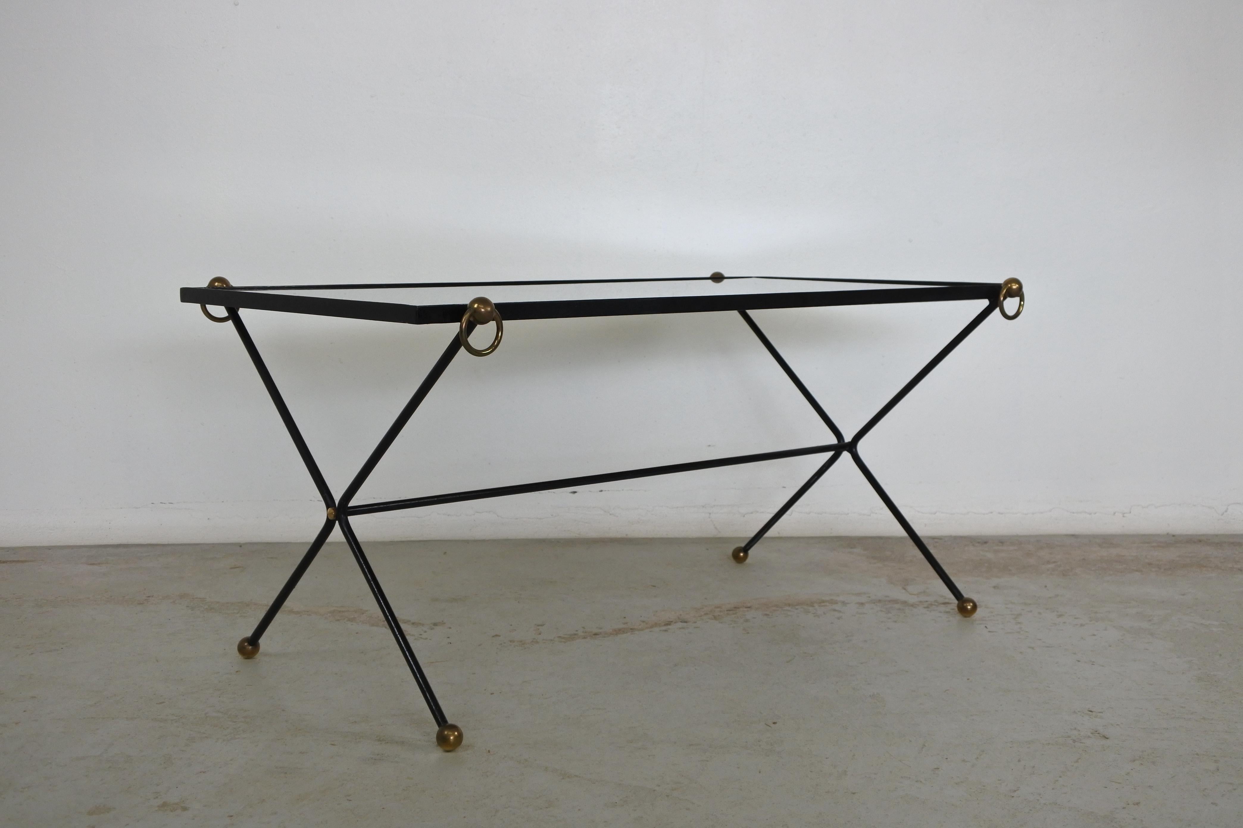 Mid-20th Century Neoclassical Metal, Brass and Black Opaline Glass Coffee Table, France, 1950s